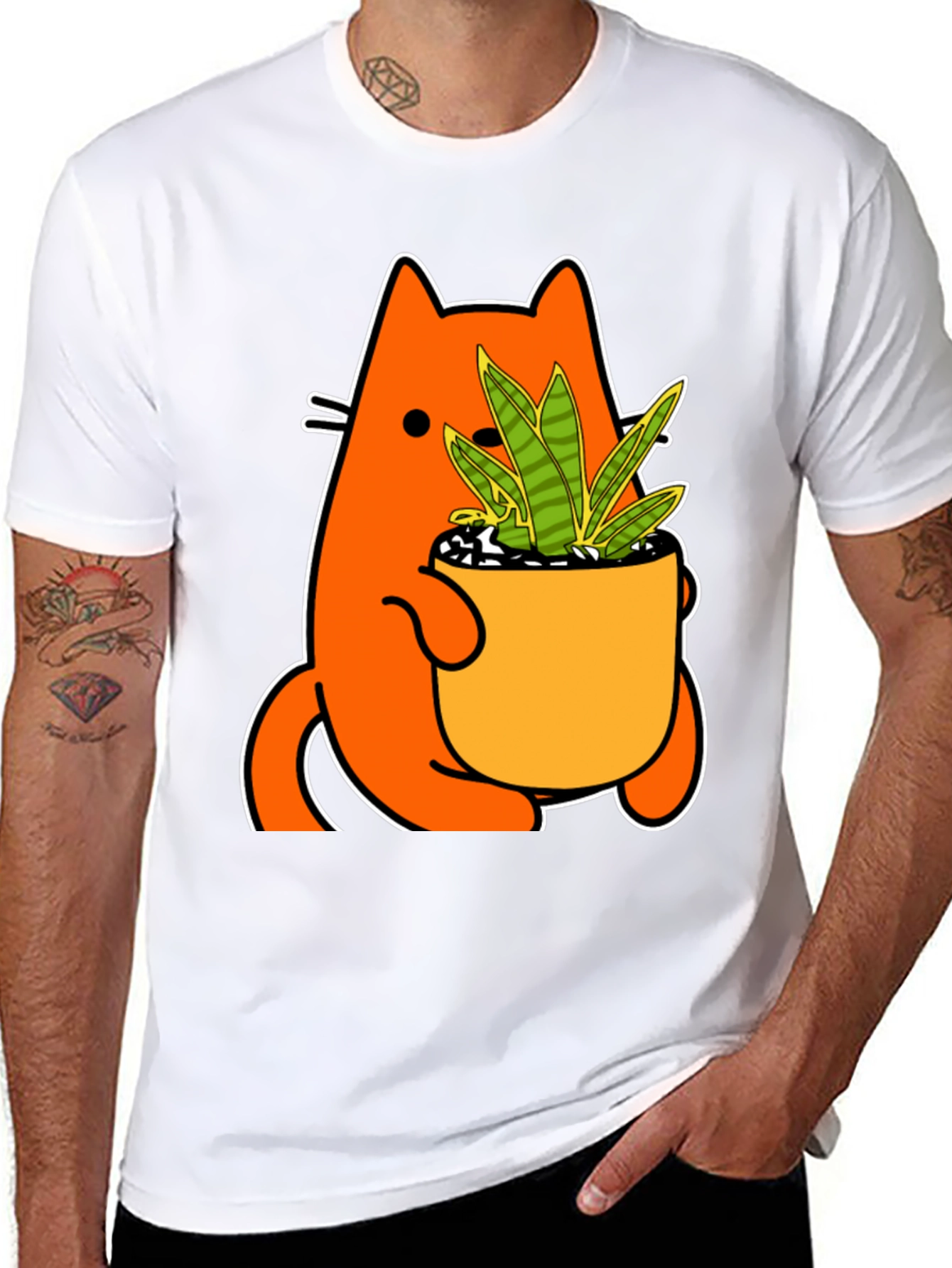 Black Cat Holding Potted Plant Graphic Tee view 8