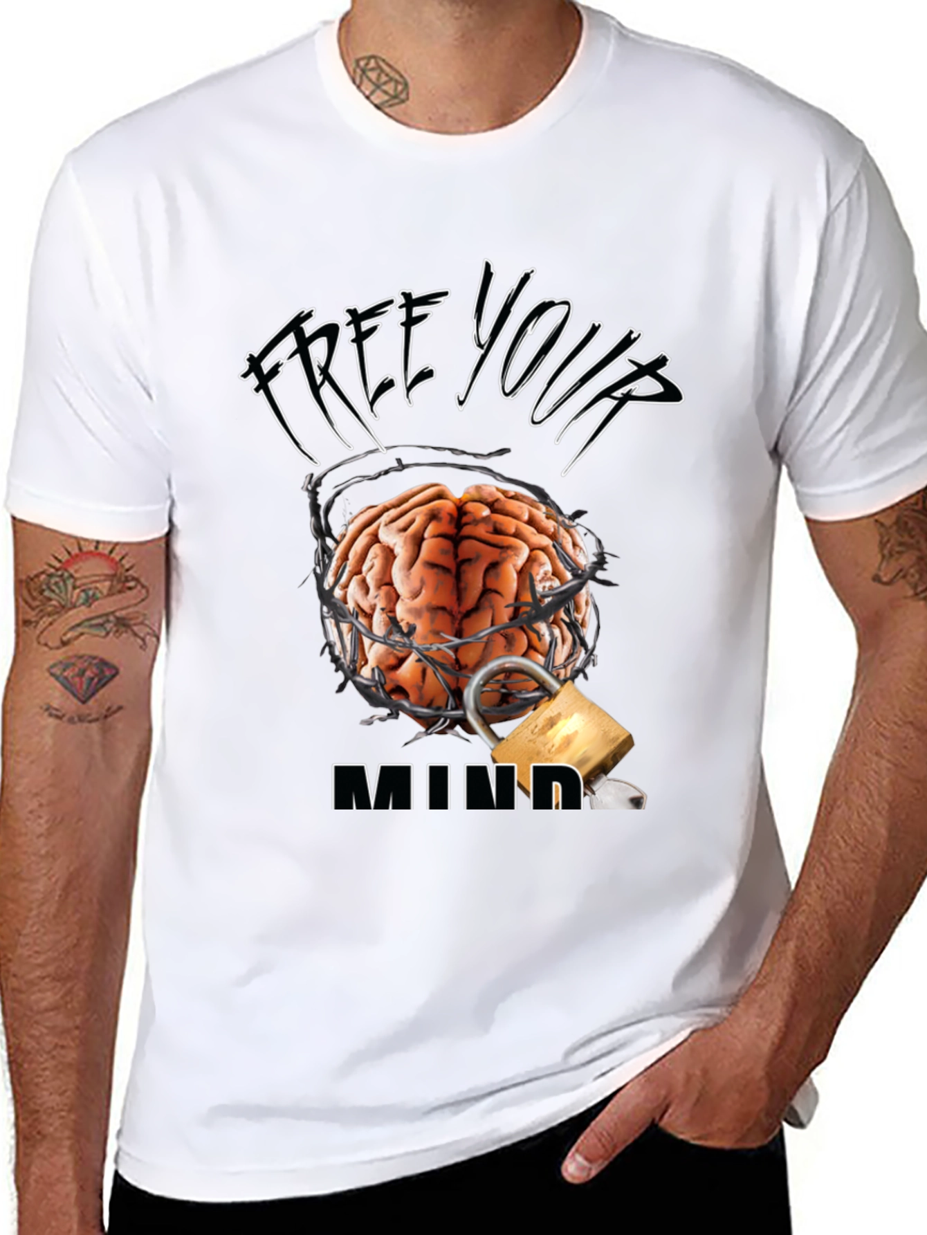 Black Free Your Mind Graphic Tee - Brain & Lock Design view 8
