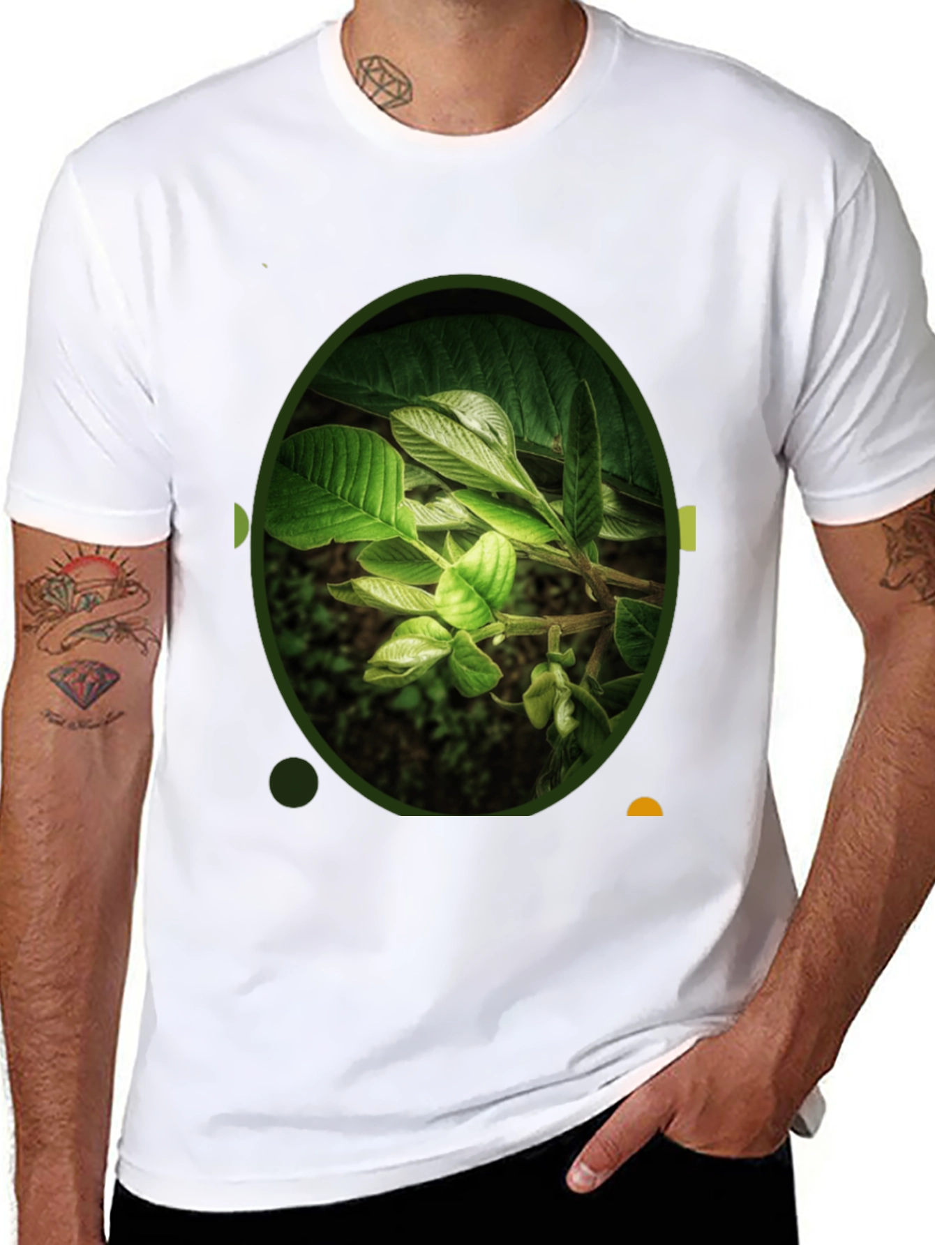 Black Nature Leaf Print Black Crew Neck T-Shirt view 8