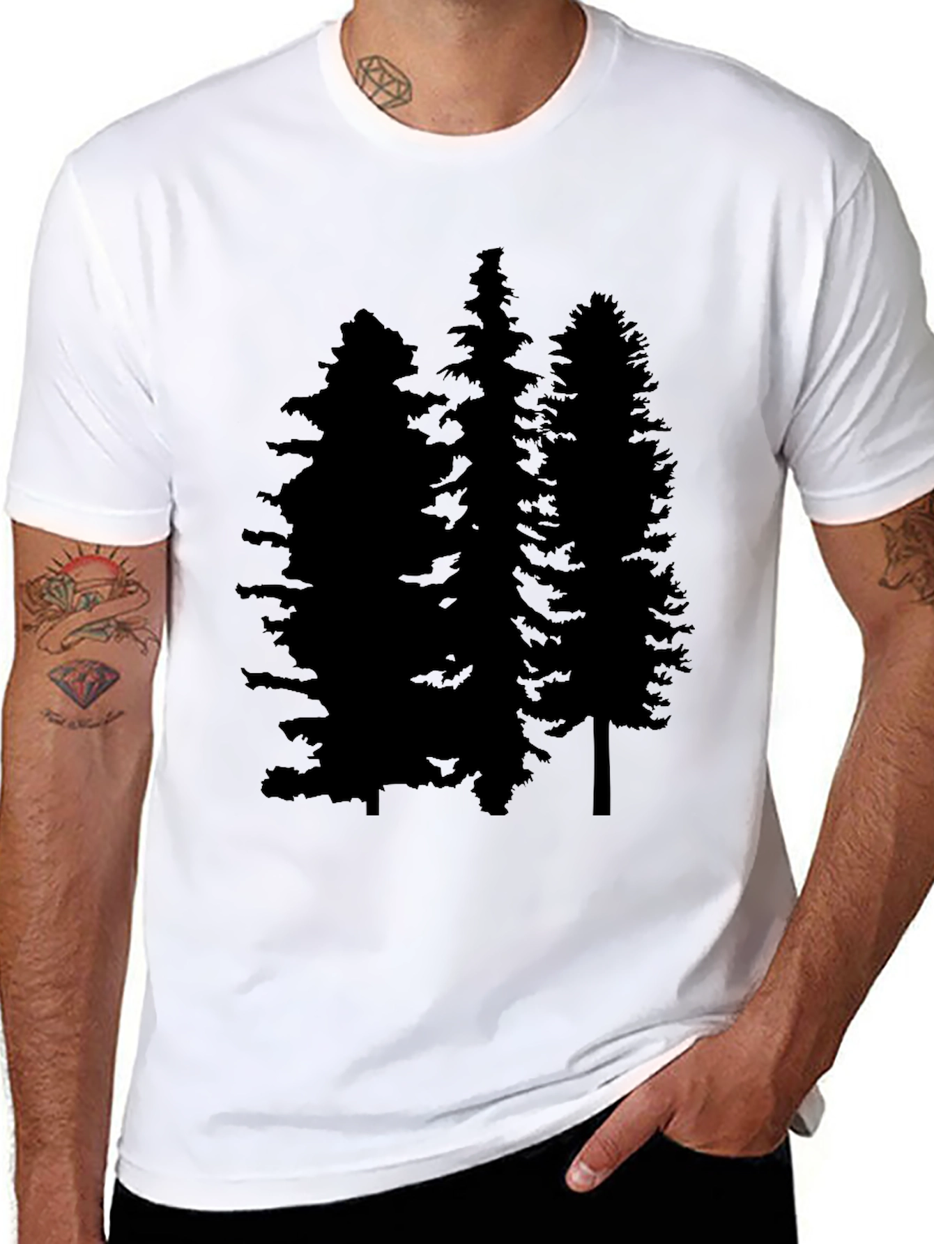 Black Men's Black T-Shirt with Pine Tree Graphic view 8