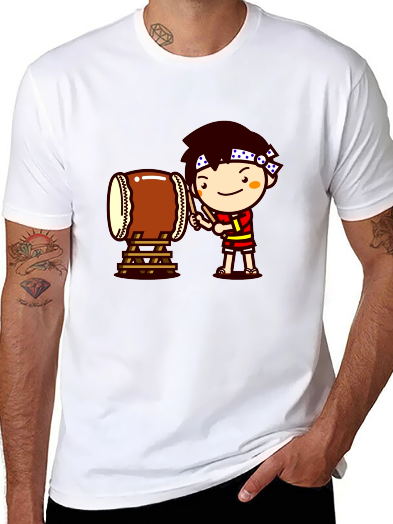 Black Black T-Shirt with Drummer Cartoon Graphic view 8