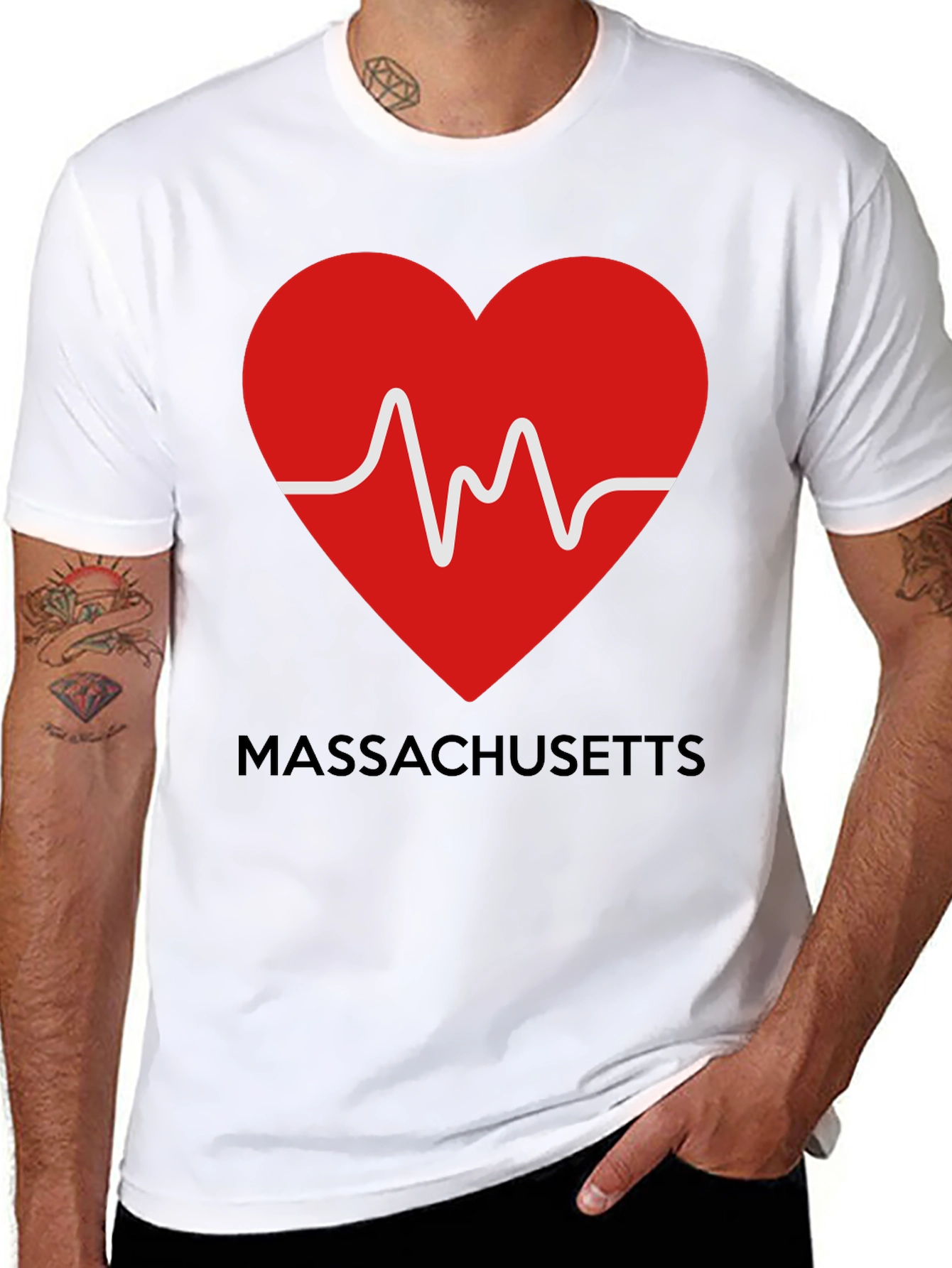 Black Massachusetts Love Heartbeat Black T-Shirt view 8