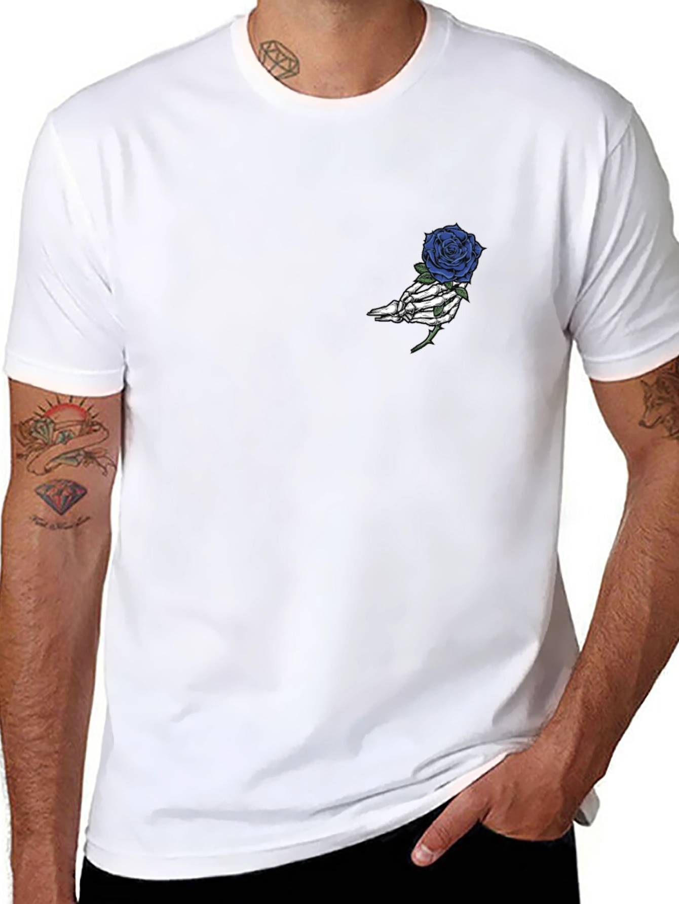 Black Black T-Shirt with Skeleton Hand Holding a Rose view 8
