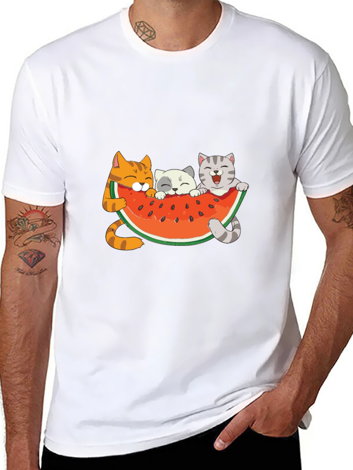 Black Cute Cats & Watermelon Graphic T-Shirt view 8