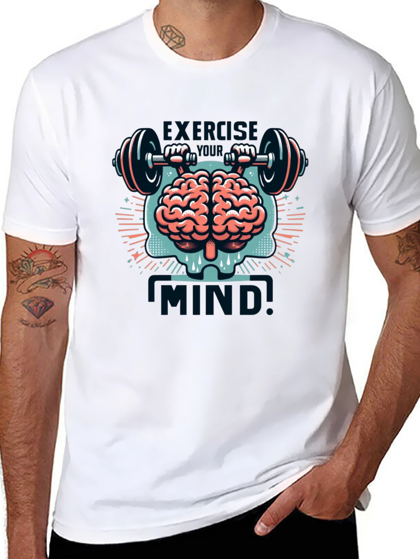 Black Exercise Mind T-Shirt - Brain & Barbell Design view 8