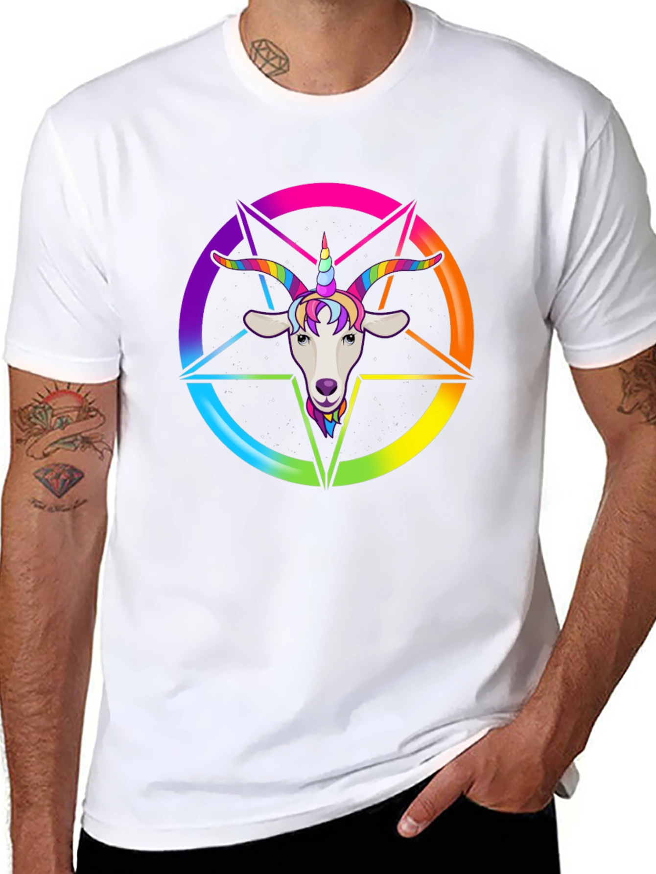 Black Rainbow Goat Unicorn Graphic Tee - Men's Black T-Shirt view 8