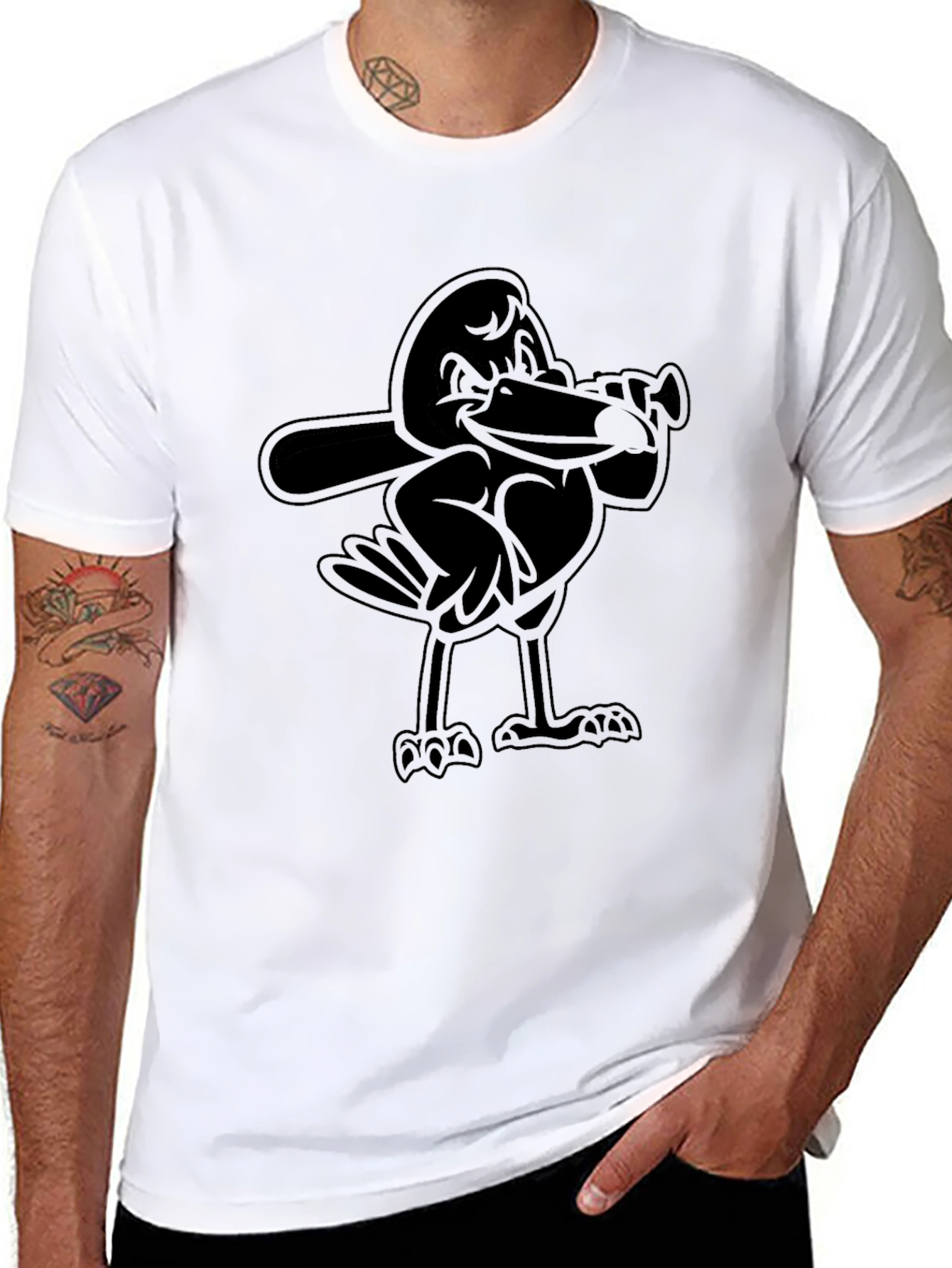 Black Cartoon Bird Baseball Player Black T-Shirt view 8