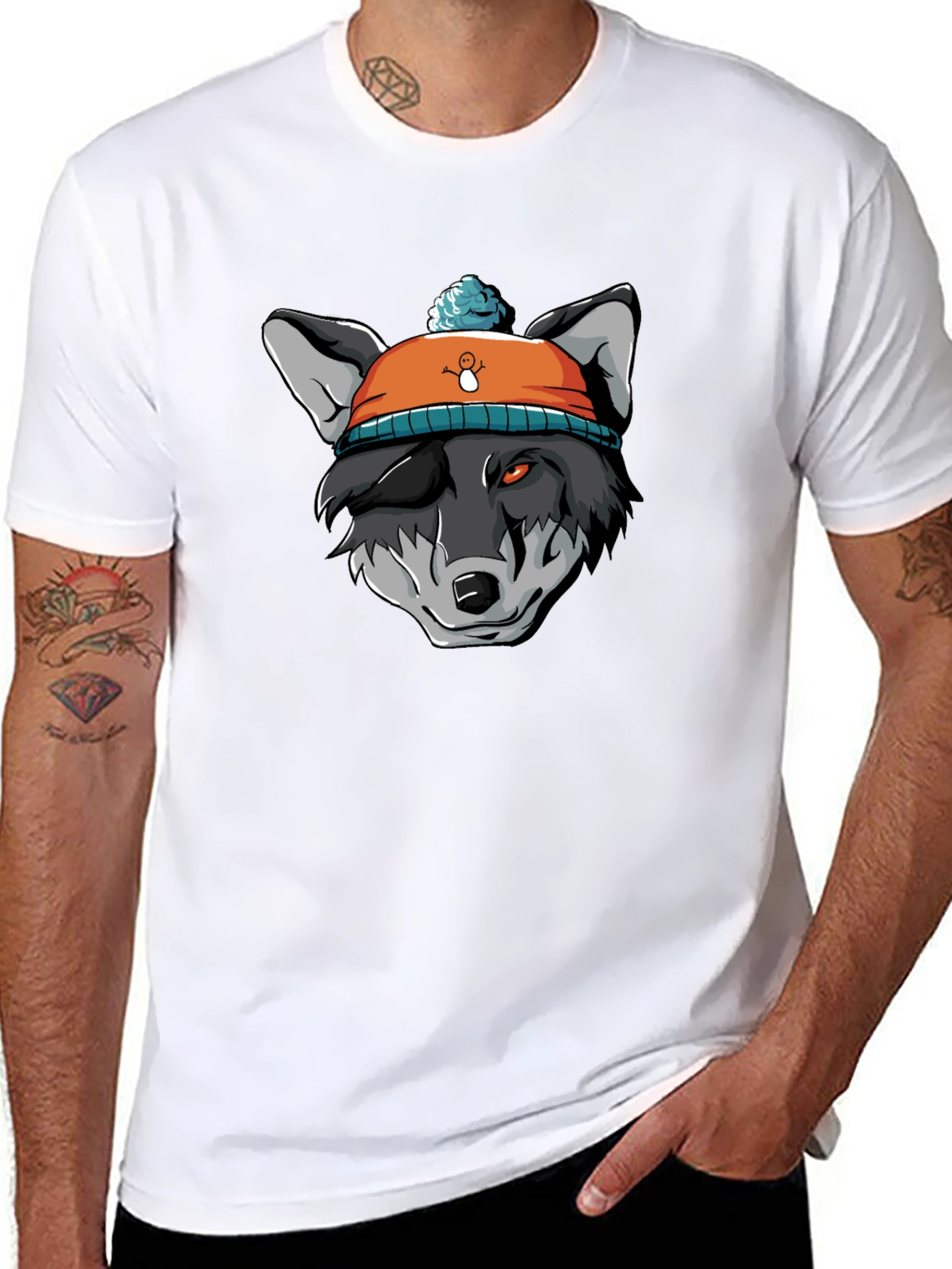 Black Wolf in Beanie Black T-Shirt - Unique Graphic Tee view 8