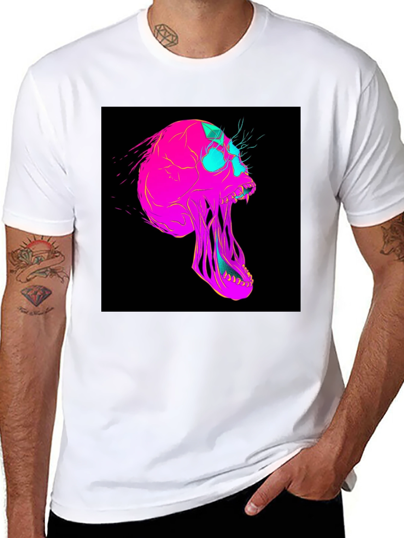 Black Vaporwave Skull Graphic Tee - Black Cotton T-Shirt view 8