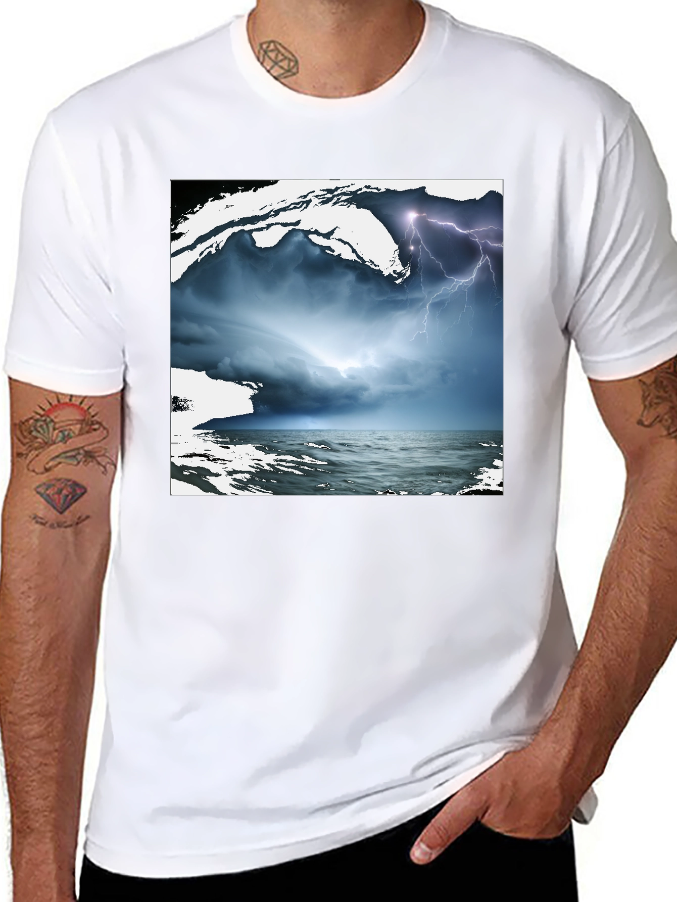 Black Stormy Sea Graphic Tee - Black Cotton T-Shirt view 8