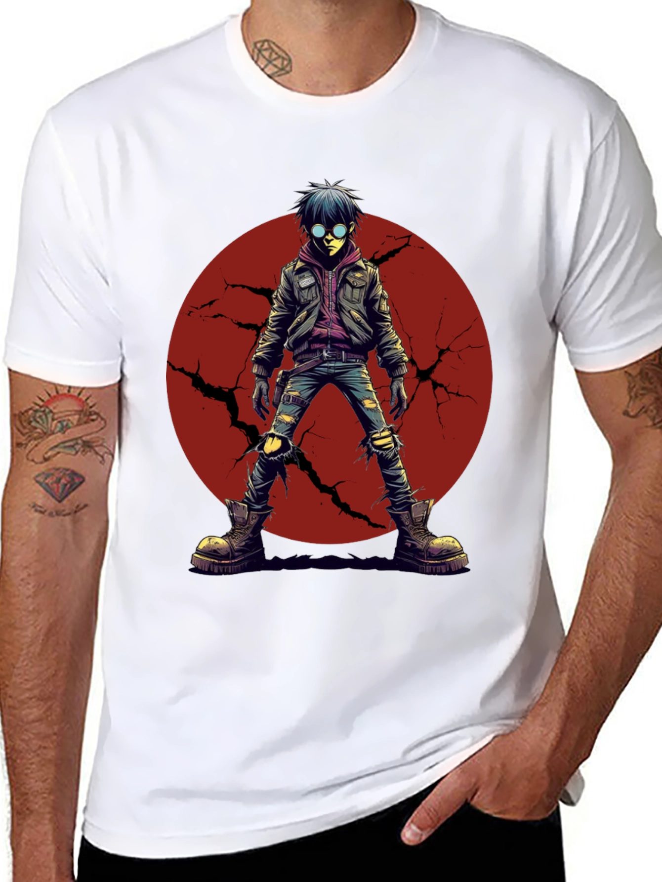Black Graphic Tee: Anime Punk Character on Black Shirt view 8