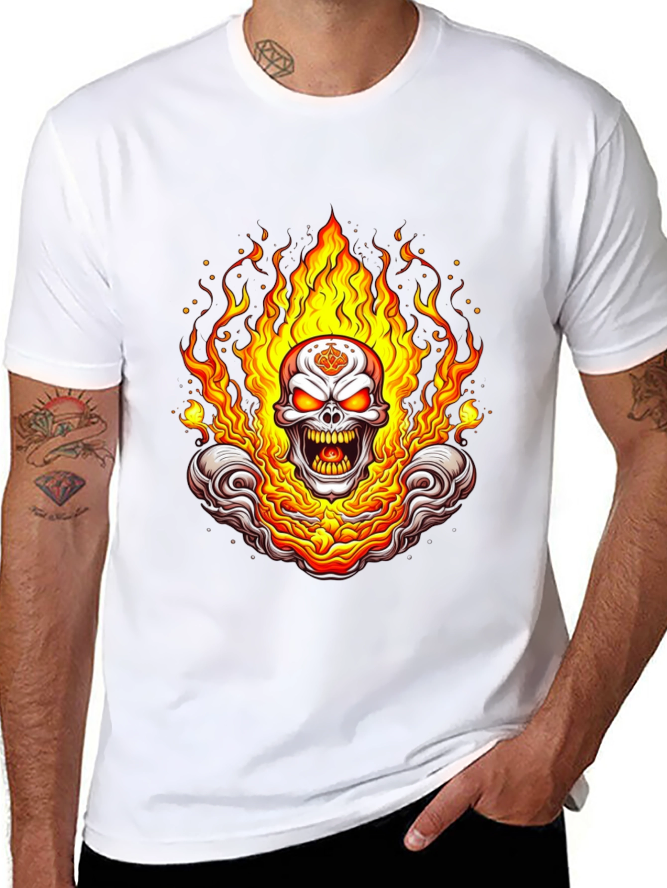 Black Flaming Skull Graphic Tee - Bold Black Cotton Shirt view 8