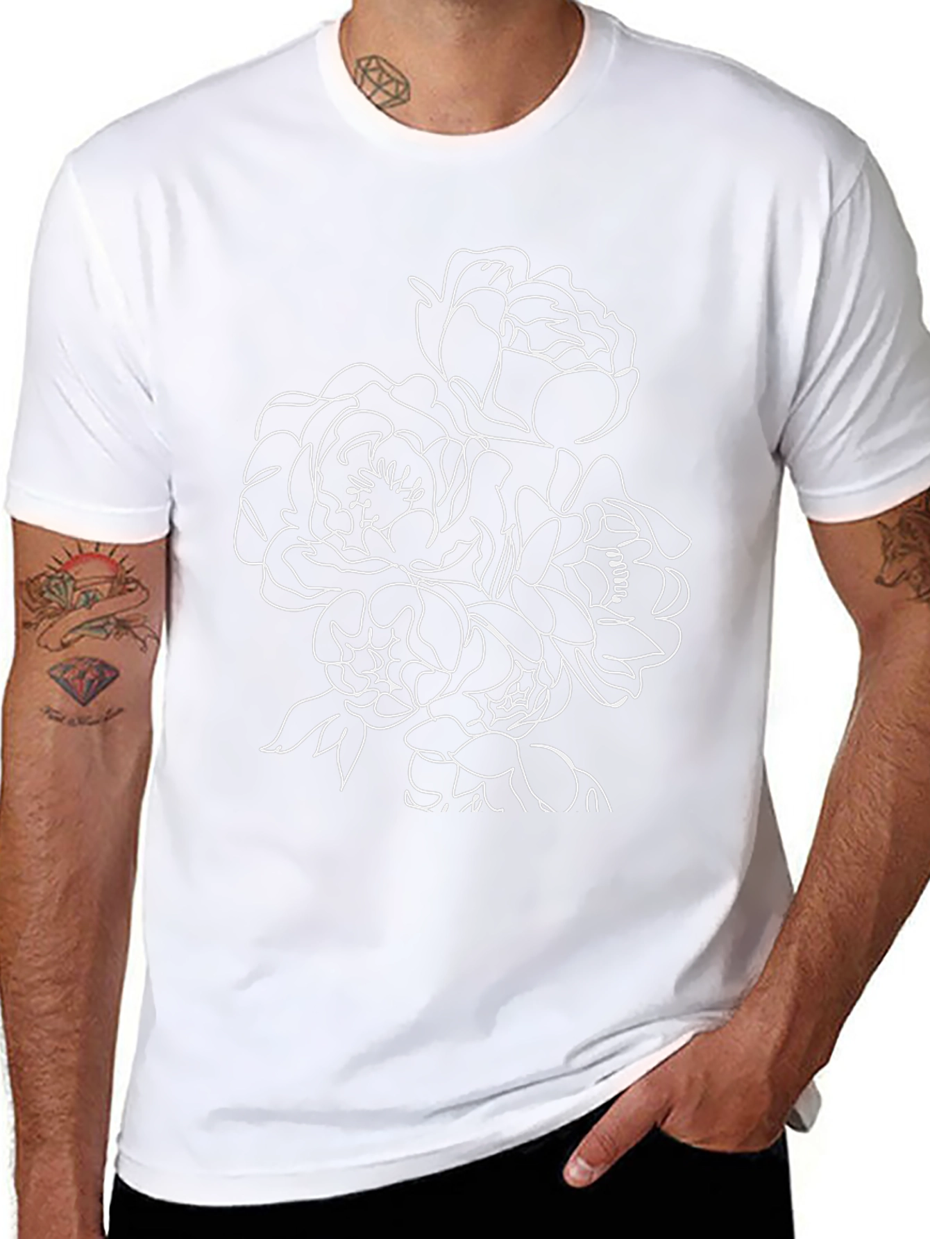 Black Floral Line Art Black T-Shirt view 8