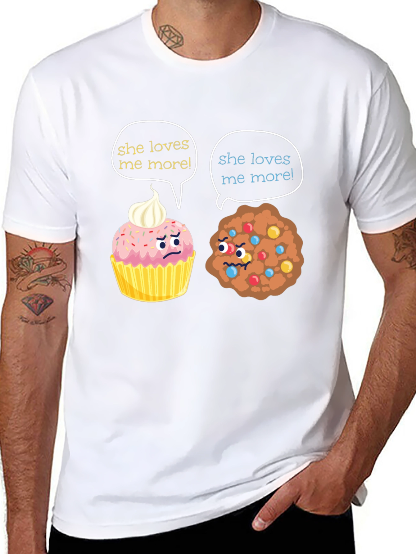 Black Funny She Loves Me More Cupcake vs Cookie T-Shirt view 8