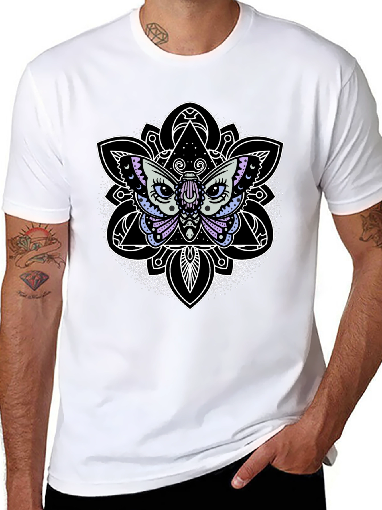 Black Moth Mandala Graphic Tee - Black Cotton T-Shirt view 8