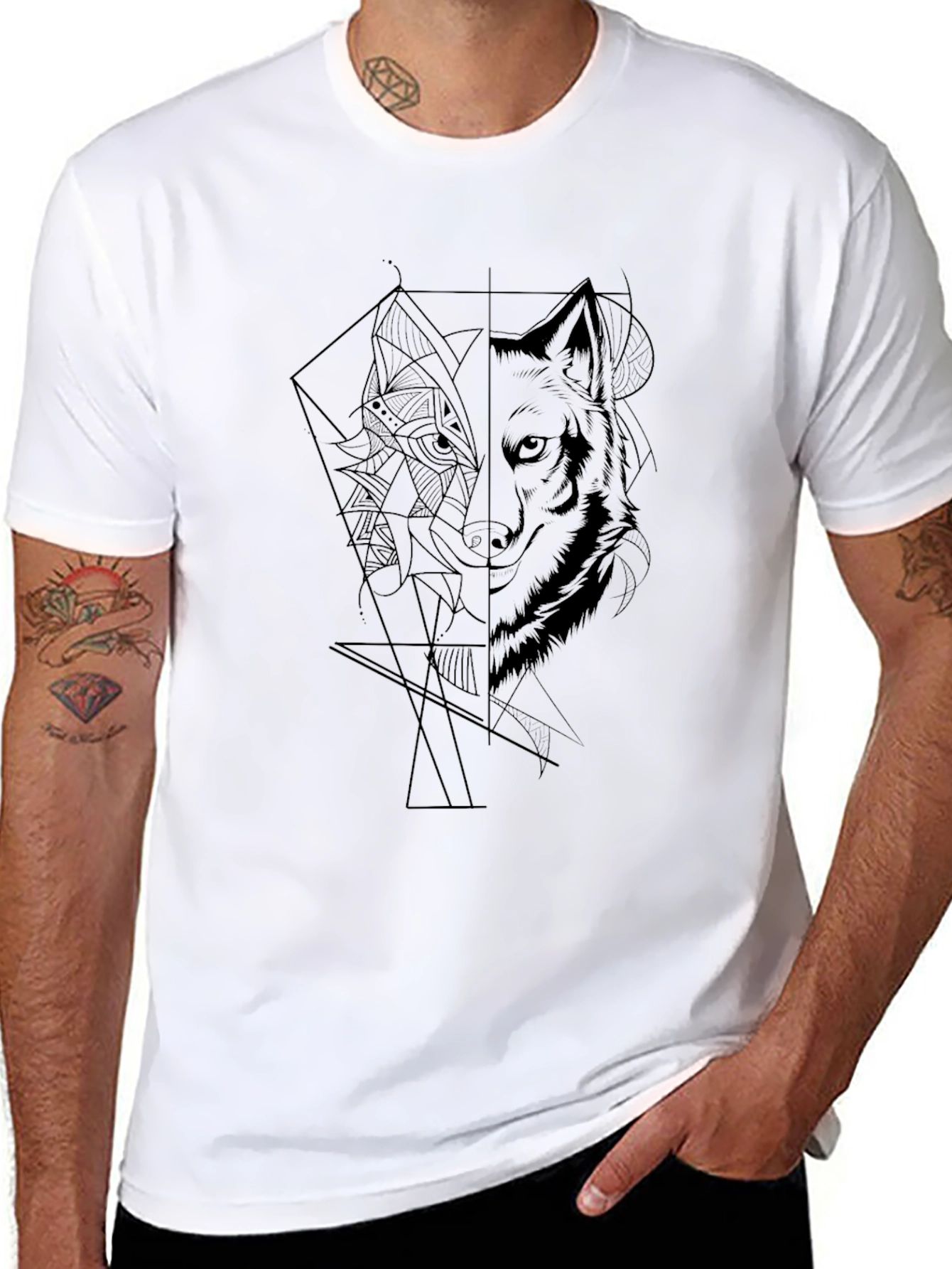 Black Geometric Wolf Graphic Black T-Shirt view 8