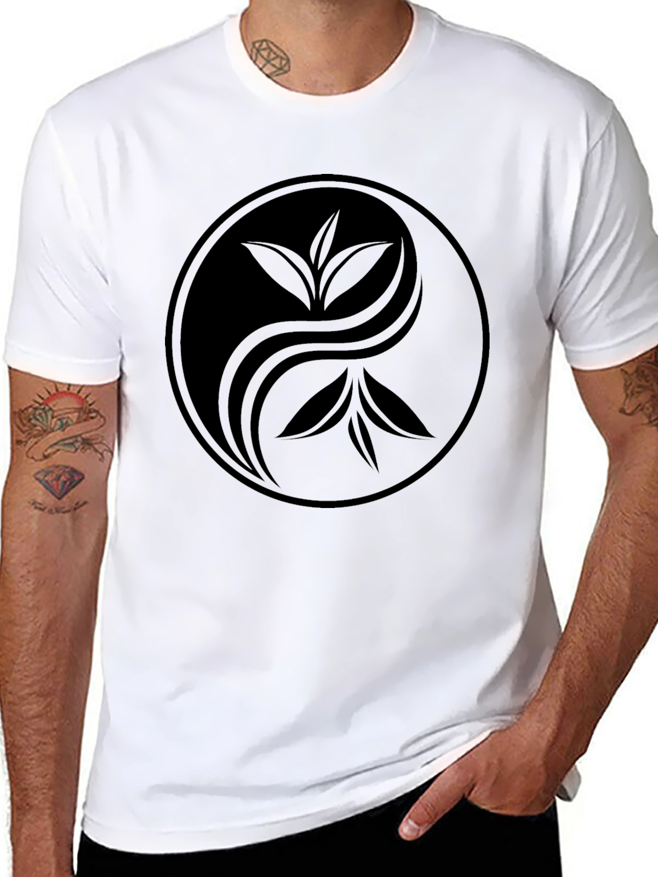 Black Yin Yang Tea Leaf Graphic Tee - Soft Black Cotton view 8
