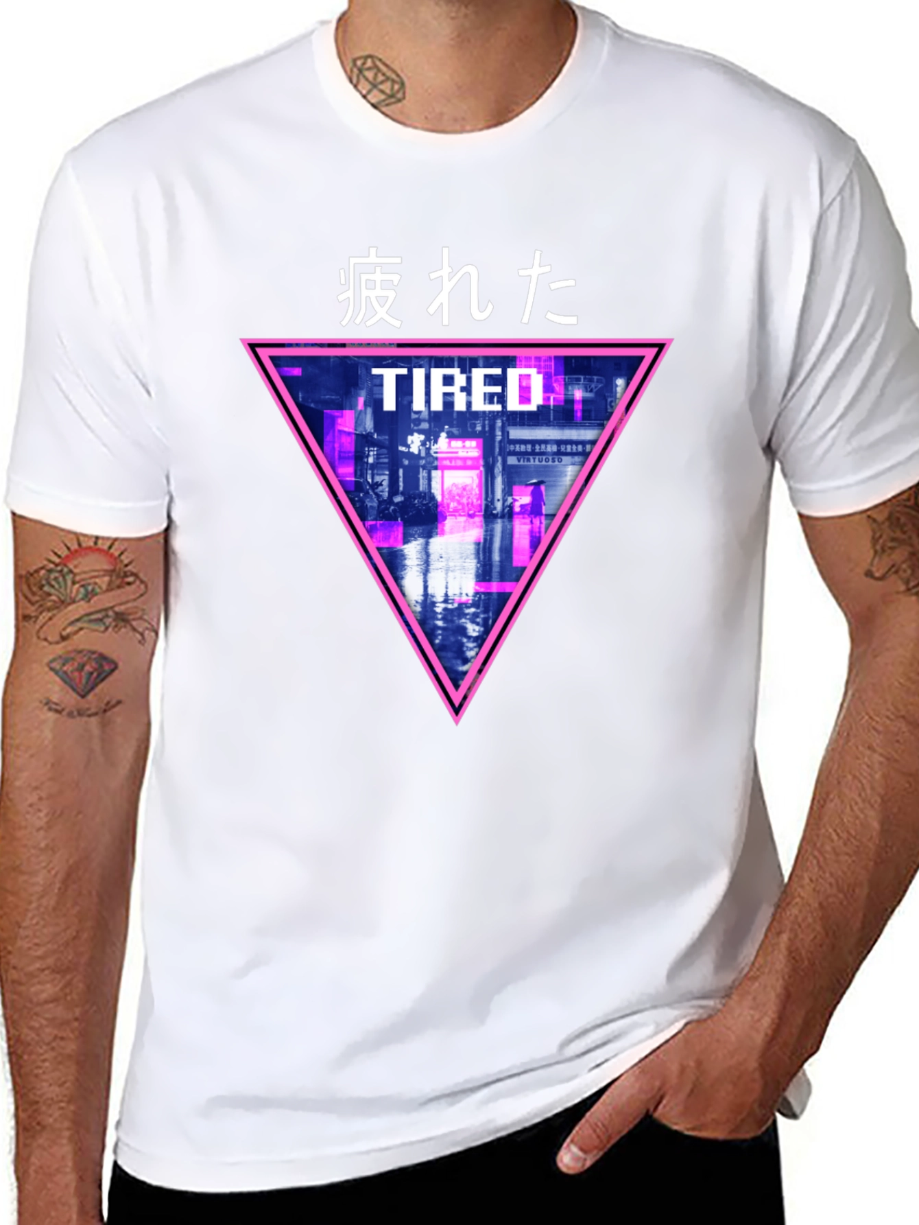 Black Cyberpunk "Tired" Graphic T-Shirt view 8