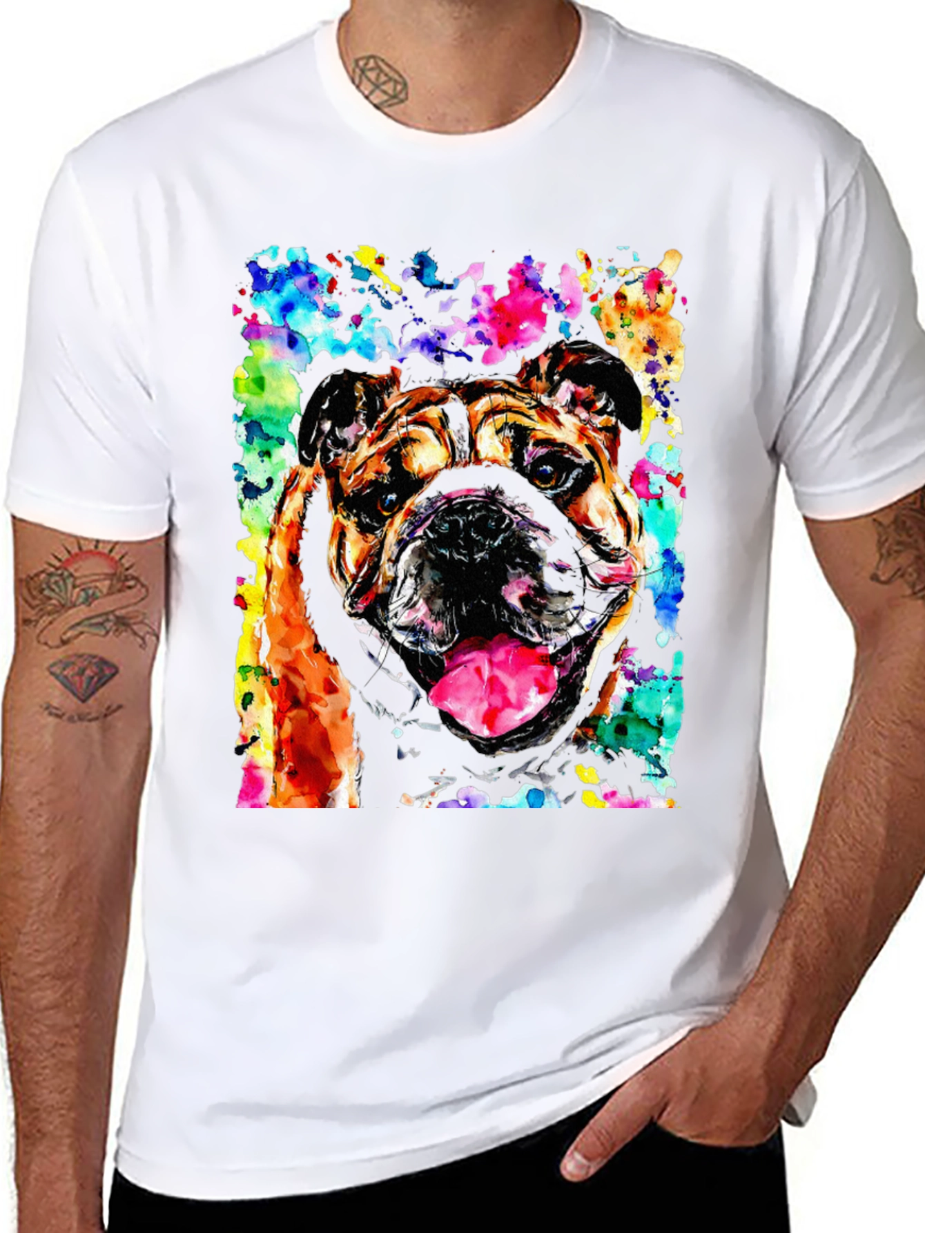 Black Bulldog Watercolor Men's Black T-Shirt view 8