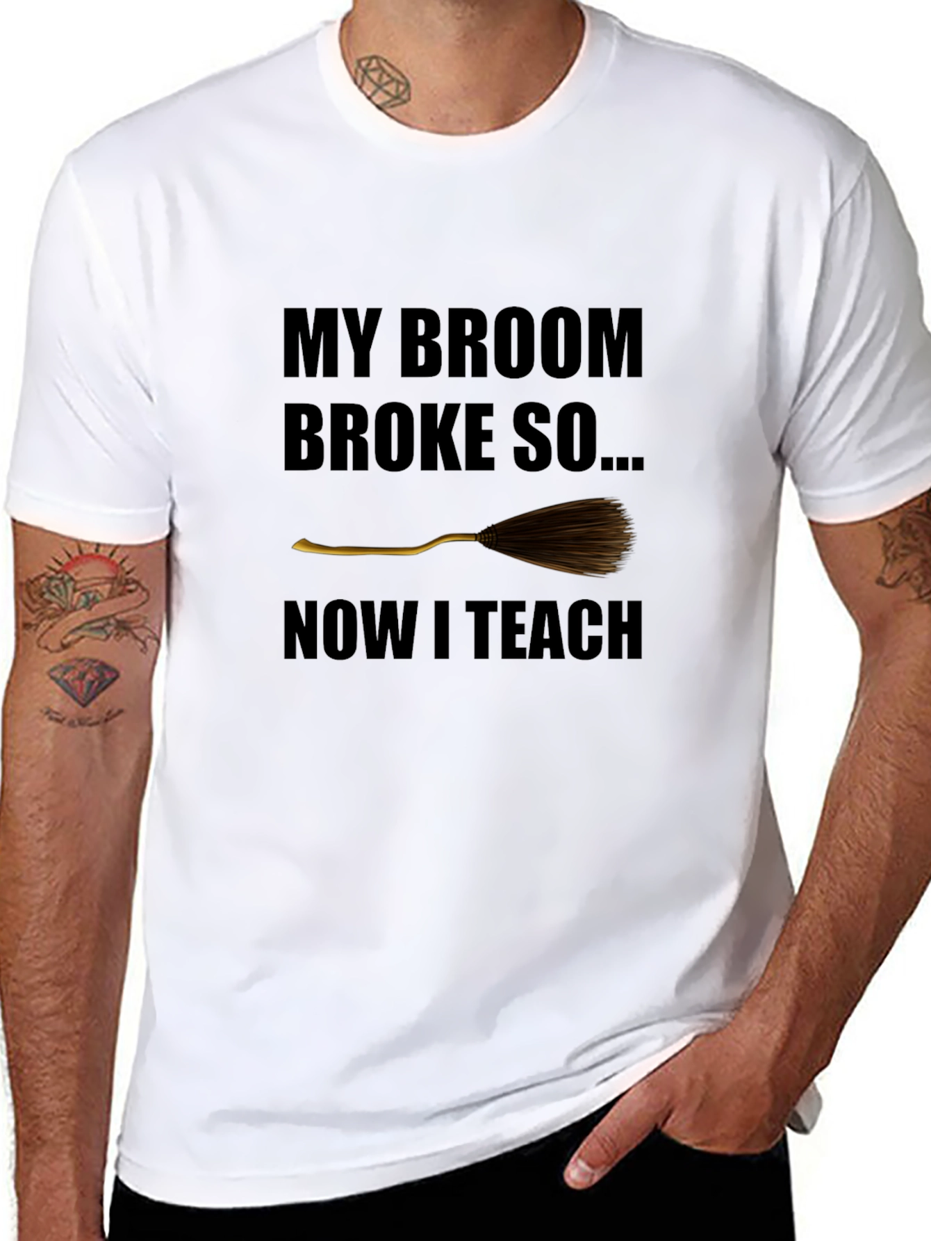 Black Broom Broke Now I Teach Funny Teacher T-Shirt view 8