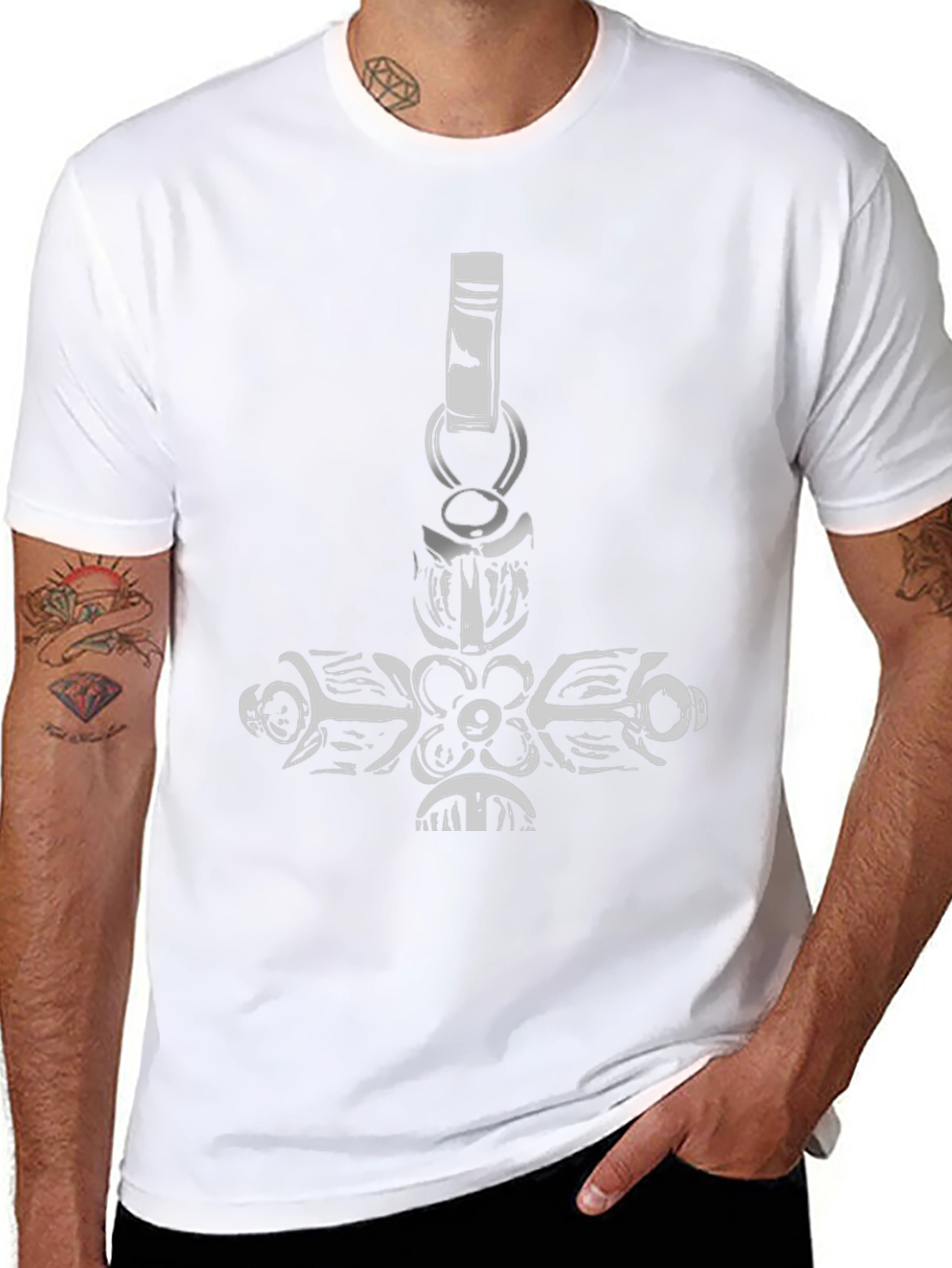 Black Black Tee with Ornate Cross Pendant Design view 8
