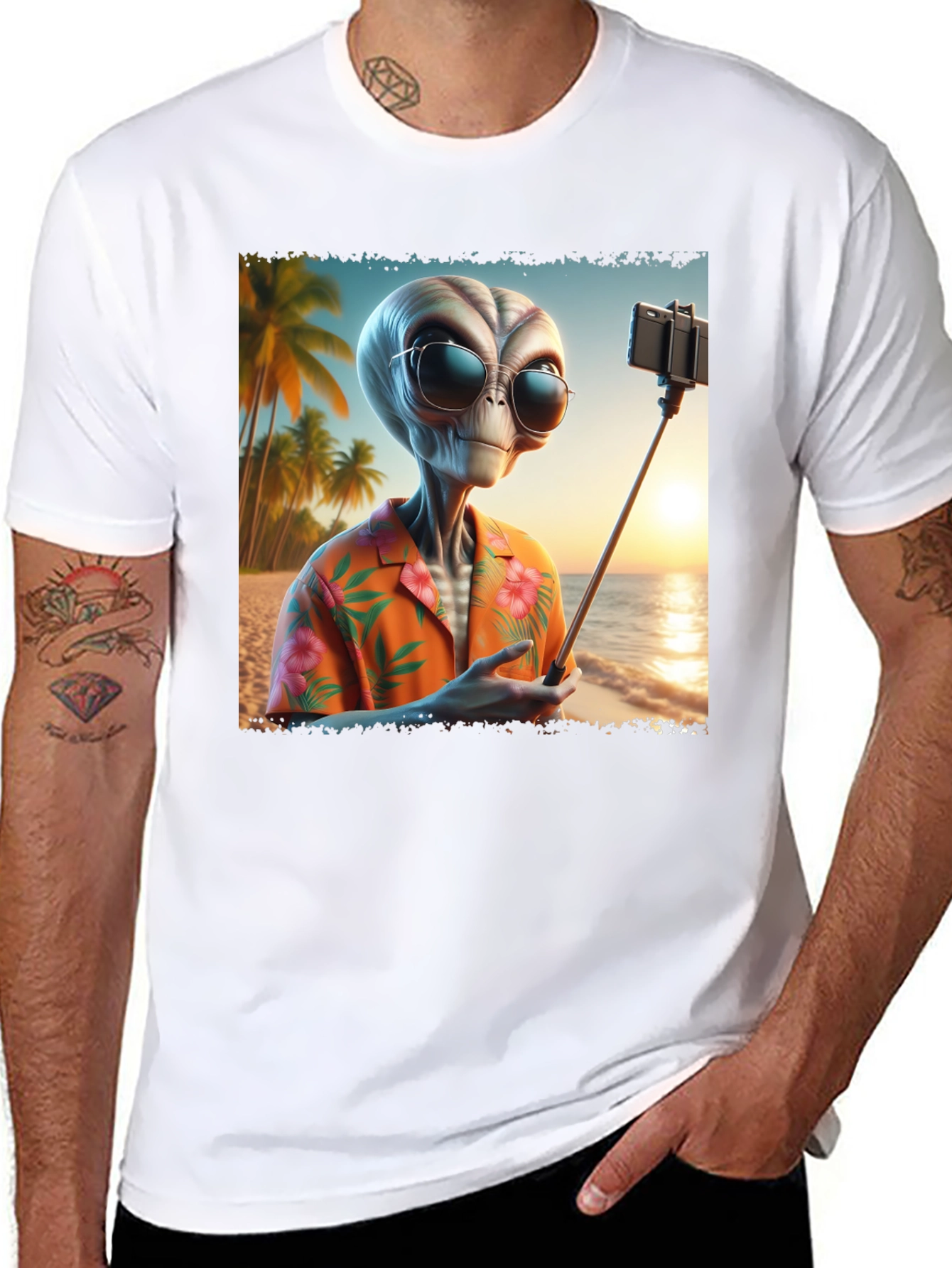 Black Alien Beach Selfie Graphic Tee - Black T-Shirt view 8
