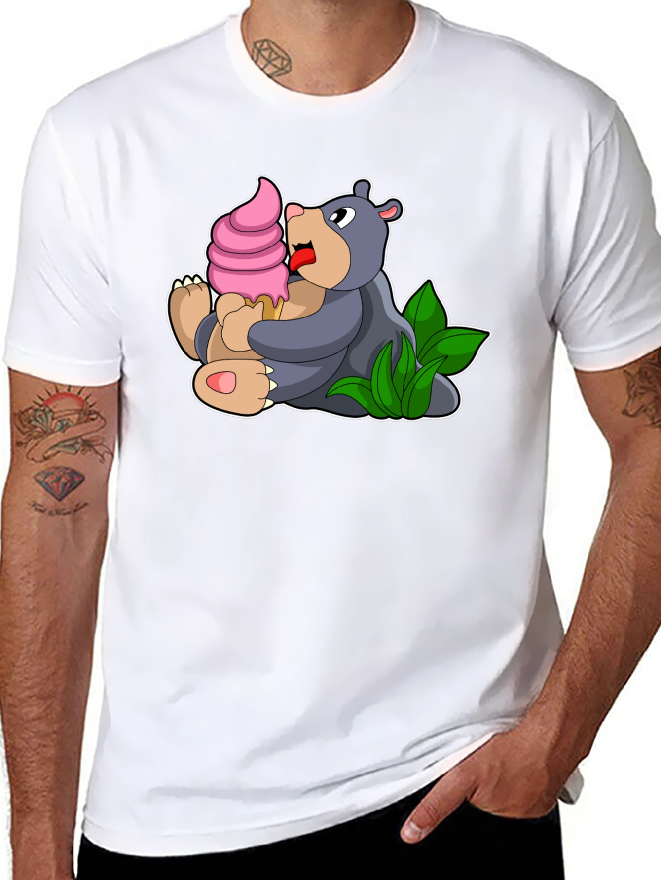 Black Cute Bear Eating Ice Cream Black T-Shirt view 8
