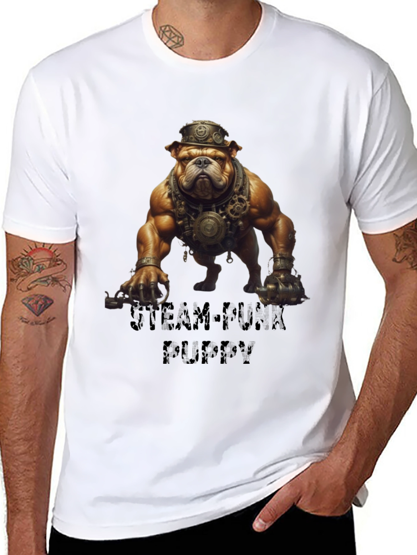 Black Steampunk Bulldog Graphic T-Shirt view 8