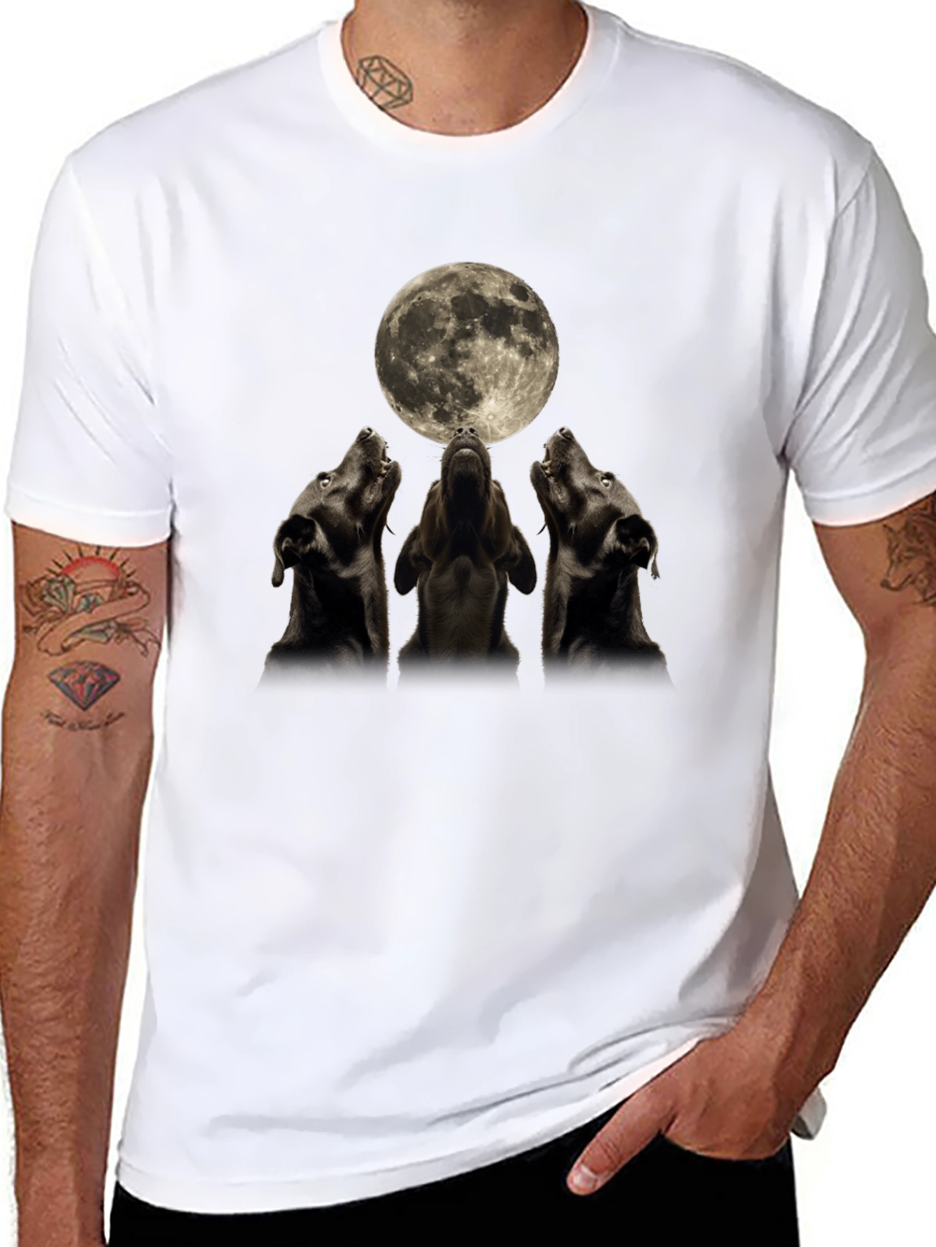 Black Three Dogs Howling at the Moon T-Shirt view 8