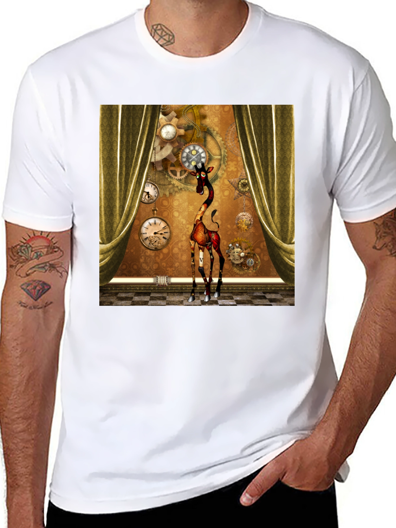 Black Steampunk Giraffe T-Shirt: Time Traveler's Style view 8