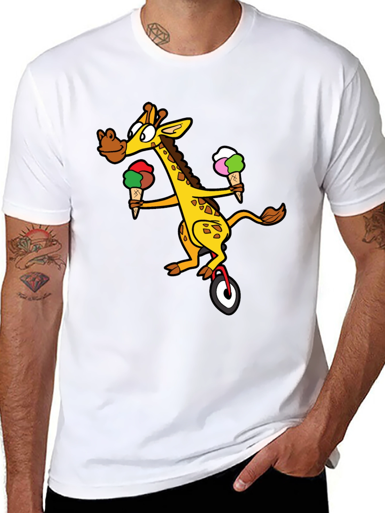 Black Giraffe Unicycle Ice Cream T-Shirt - Quirky Graphic Tee view 8