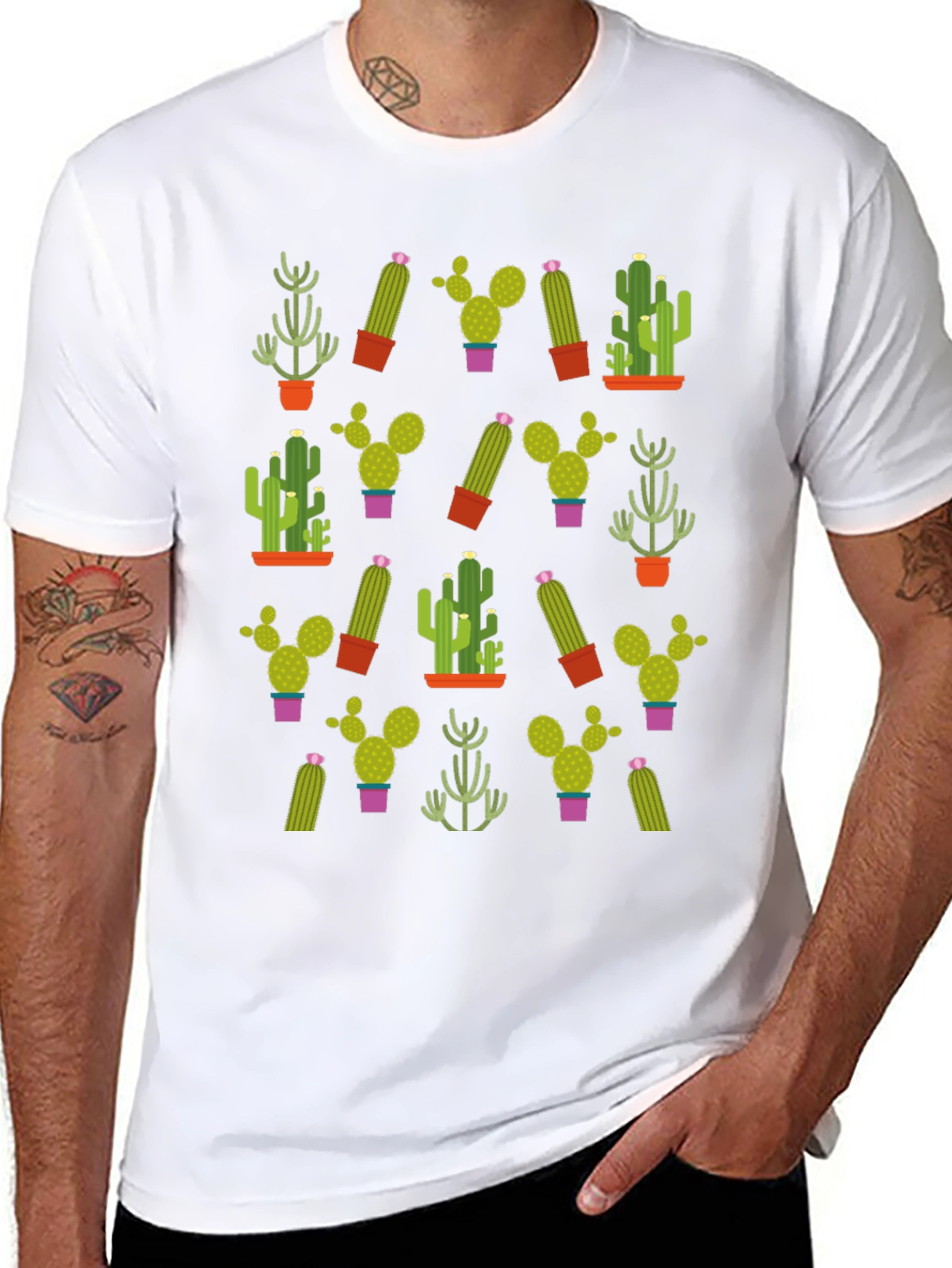 Black Cactus Pattern T-Shirt - Unique Plant Design view 8