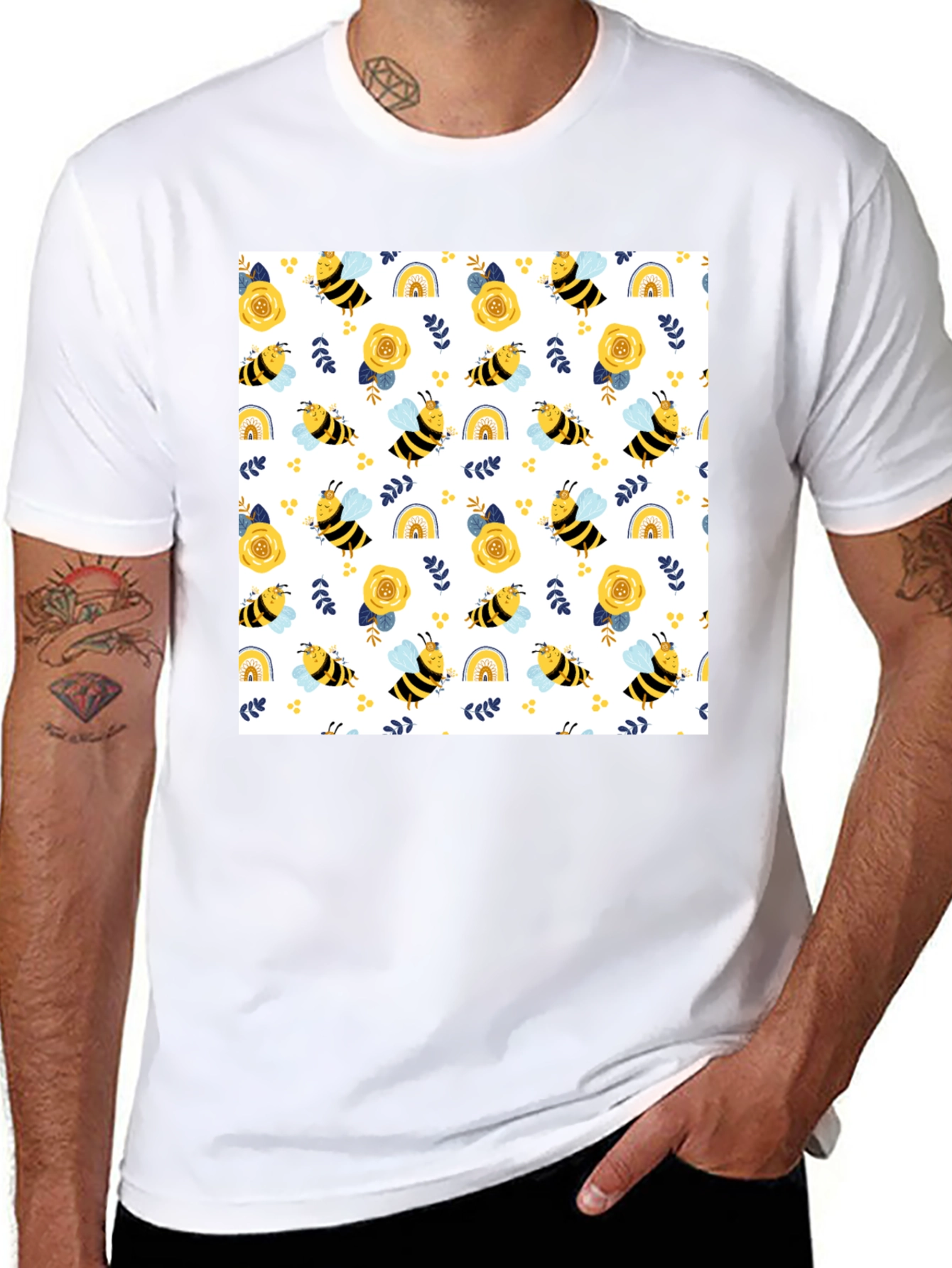 Black Honey Bee Pattern T-Shirt view 8