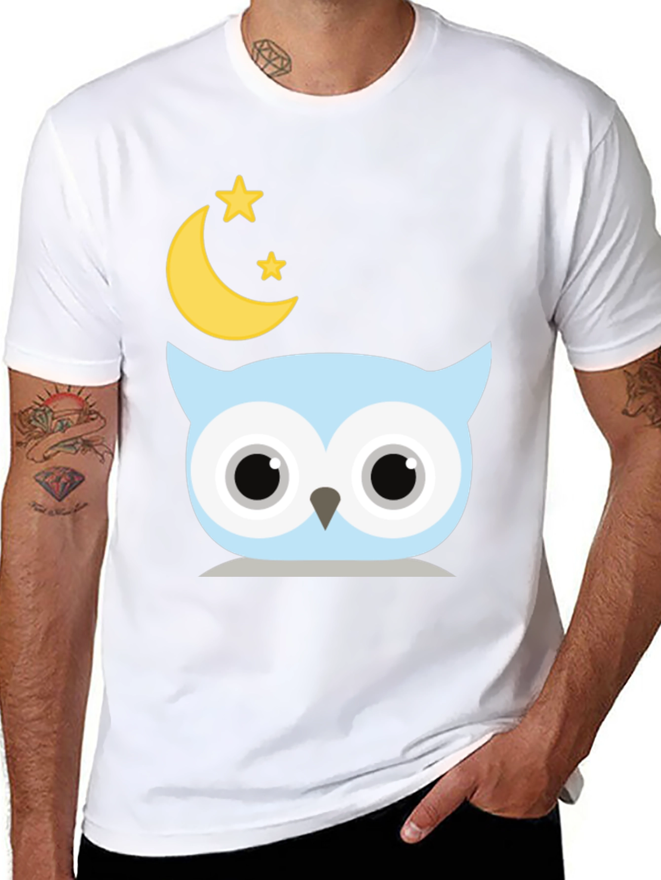 Black Cute Owl Moon Stars Graphic Black T-Shirt view 8