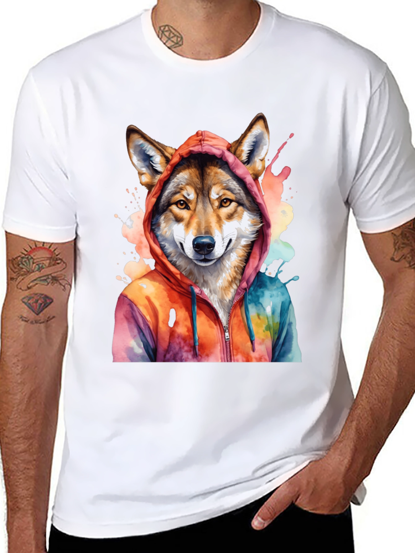 Black Watercolor Wolf Hoodie Graphic Tee view 8