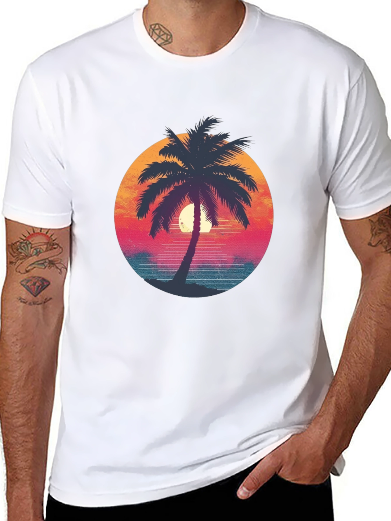 Black Retro Palm Tree Graphic Tee - Black Cotton T-Shirt view 8