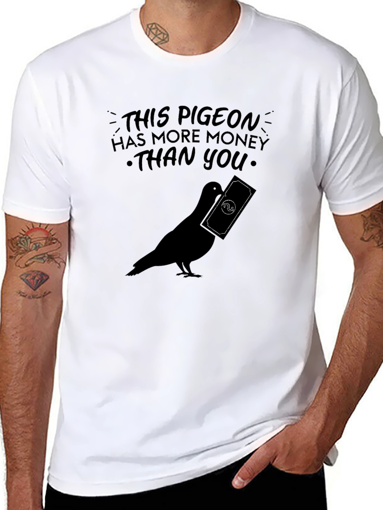 Black Pigeon With Money Graphic Tee - Funny Novelty T-Shirt view 8