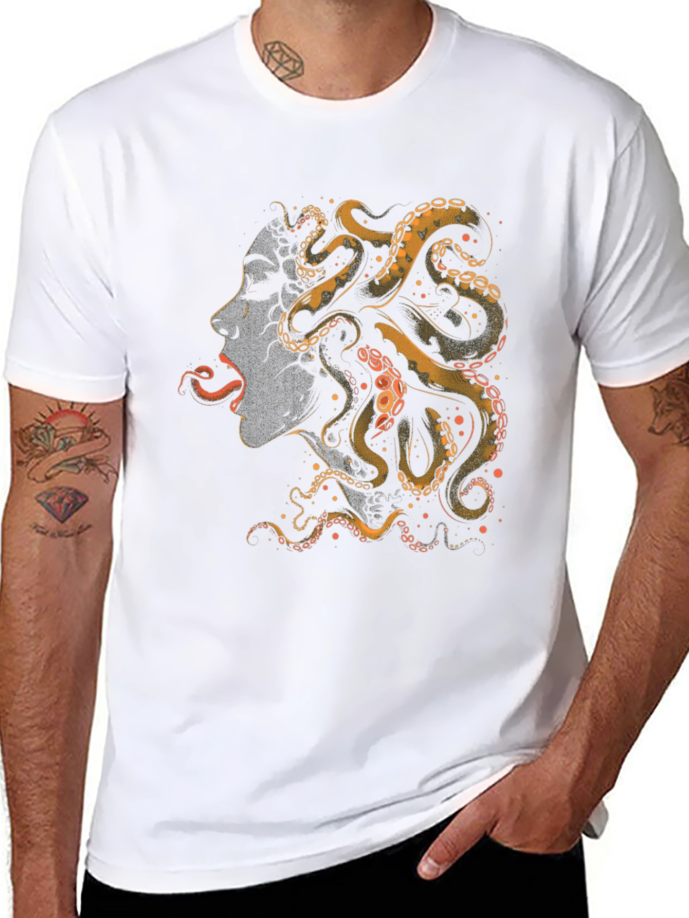 Black Octopus Woman Graphic Tee - Black Cotton T-Shirt view 8