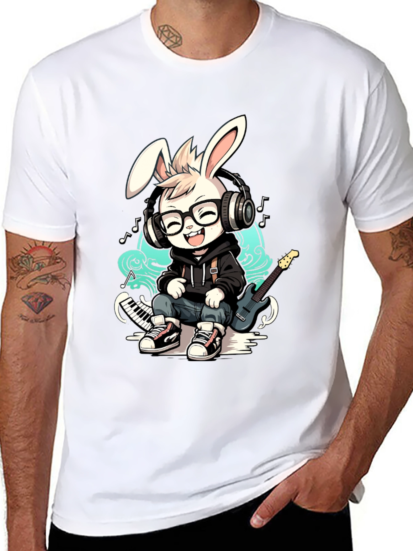 Black Cool Bunny Musician T-Shirt view 8