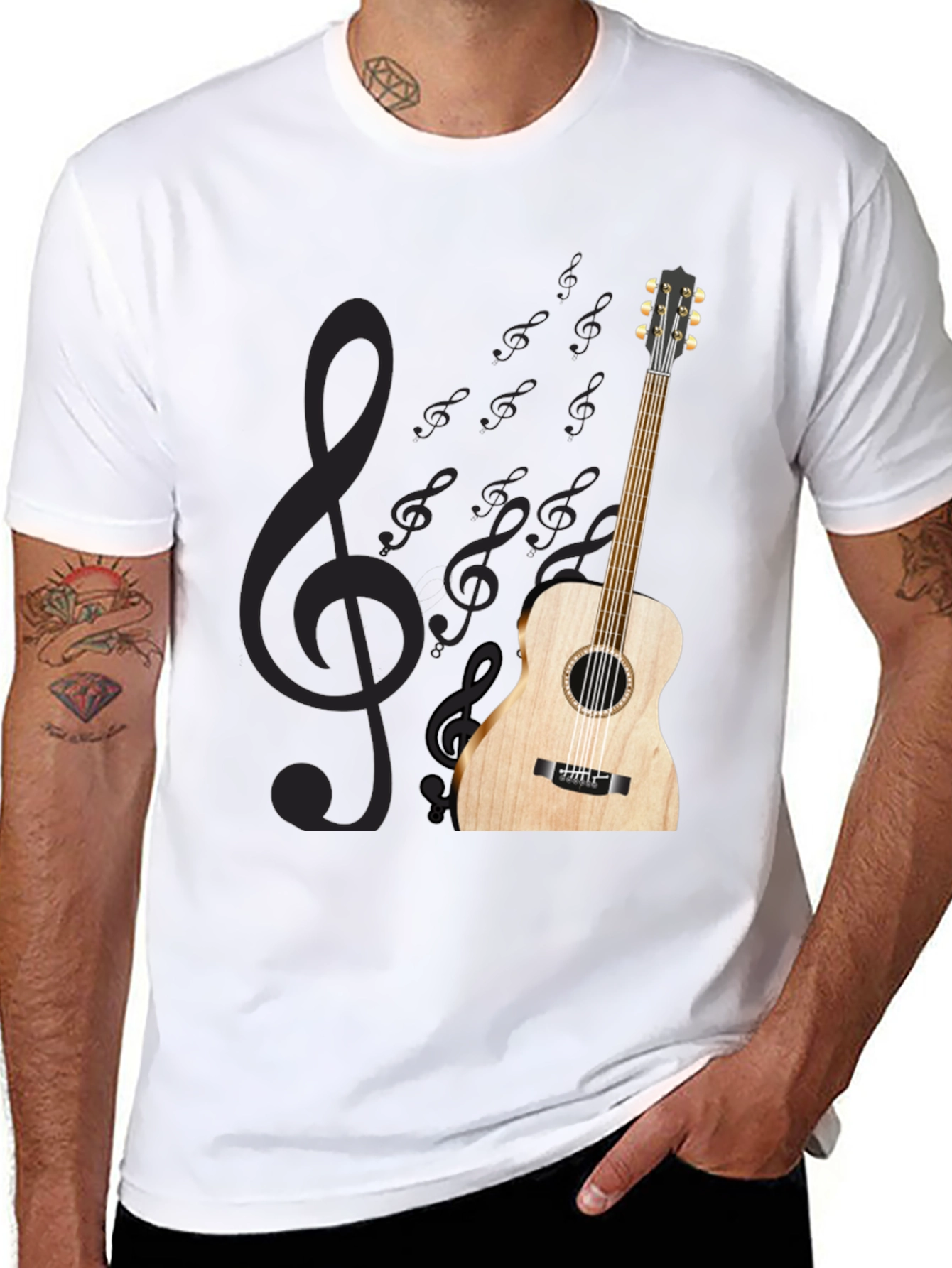 Black Acoustic Guitar Treble Clef Black T-Shirt view 8