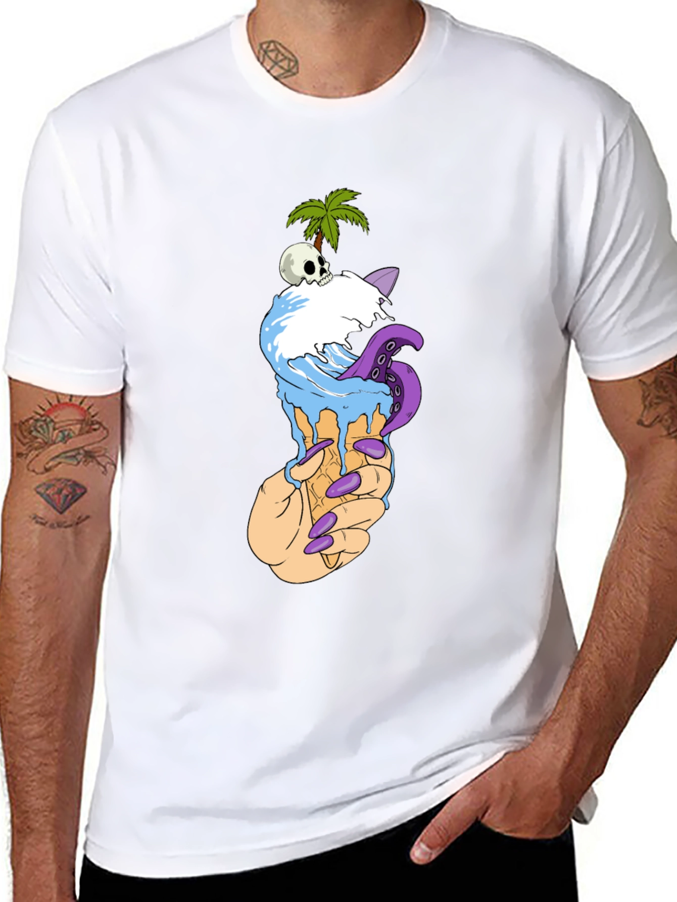 Black Ice Cream Cone Skull Palm Tree Graphic Tee view 8