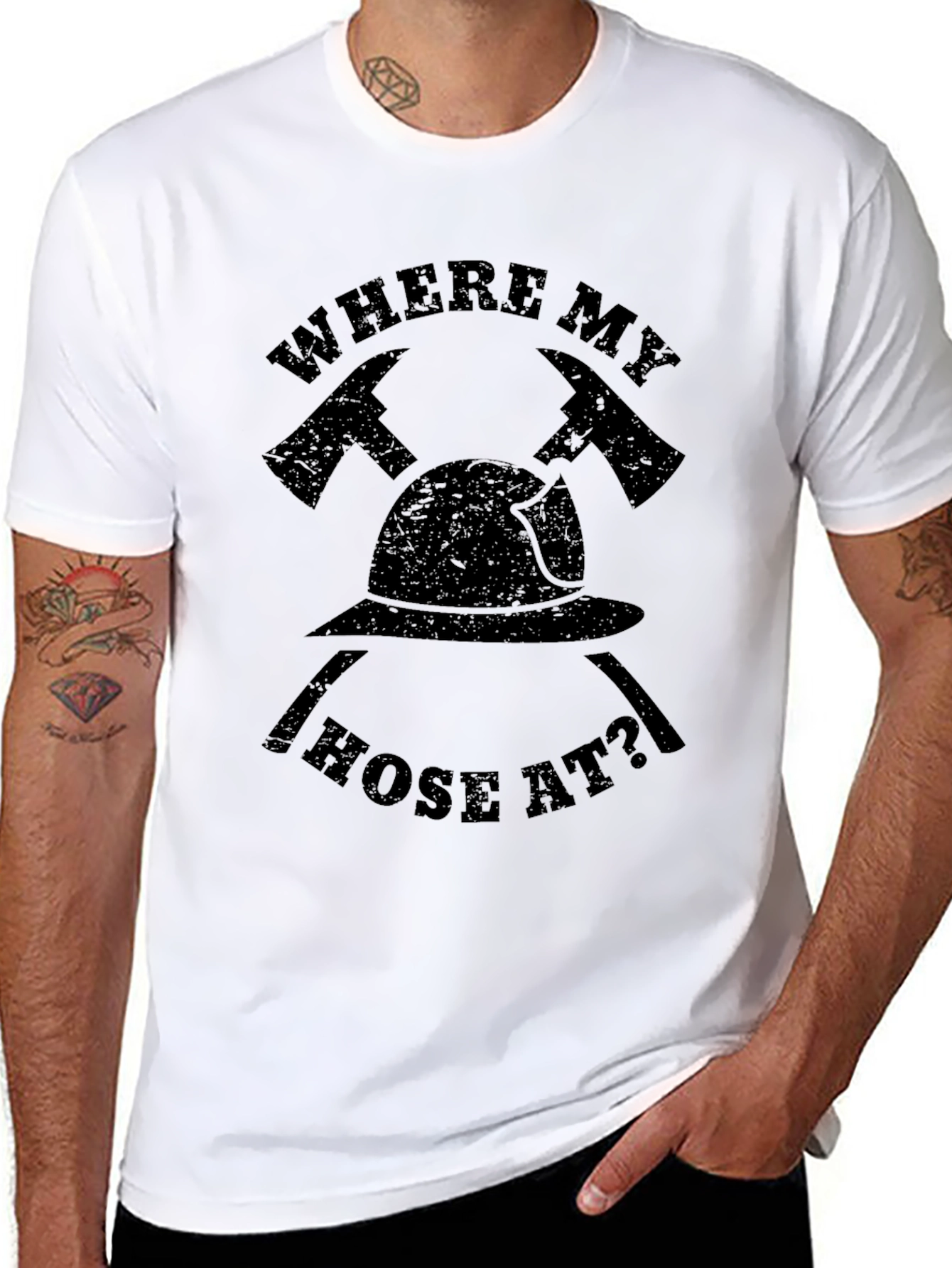 Black Firefighter "Where My Hose At?" Black T-Shirt view 8