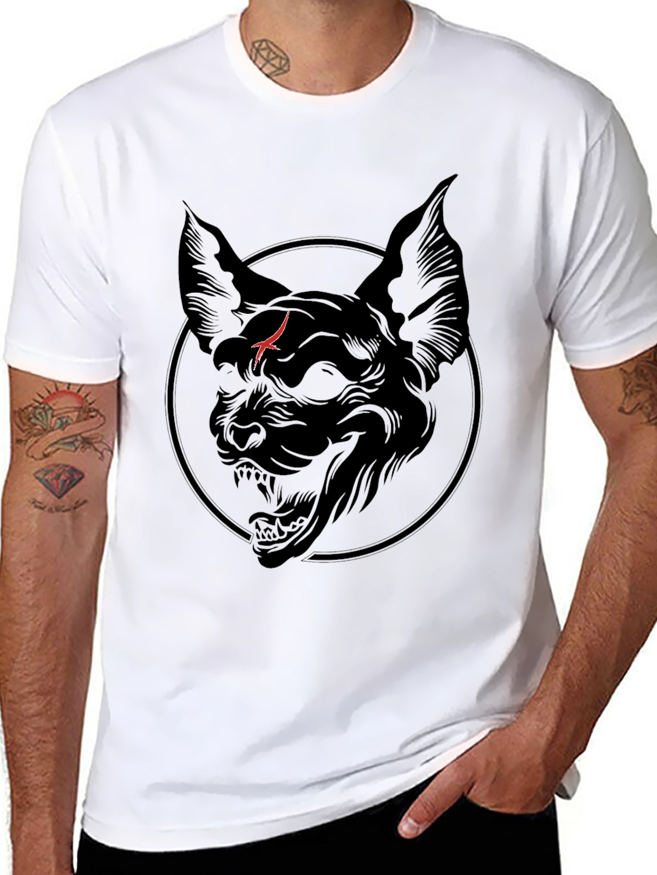 Black Men's Black T-Shirt with Cat Graphic view 8