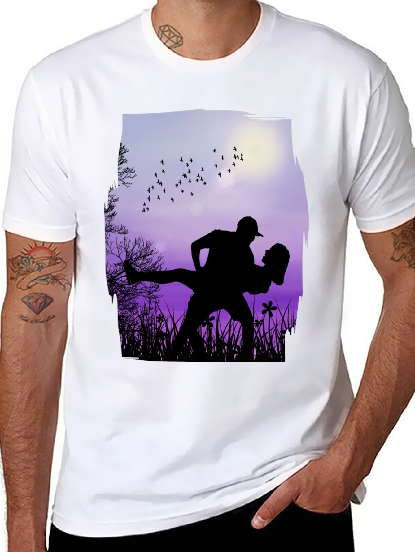 Black Silhouette Couple Dance Graphic T-Shirt - Romantic Design view 8
