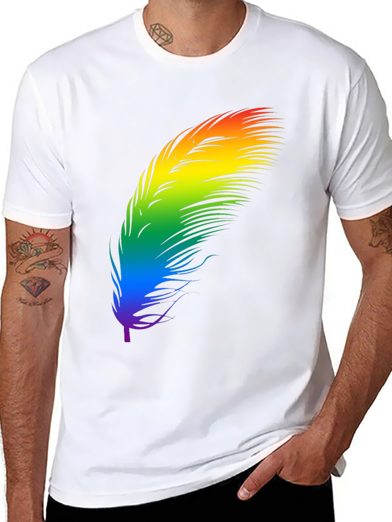 Black Rainbow Feather Graphic Tee - Black Cotton Blend Shirt view 8