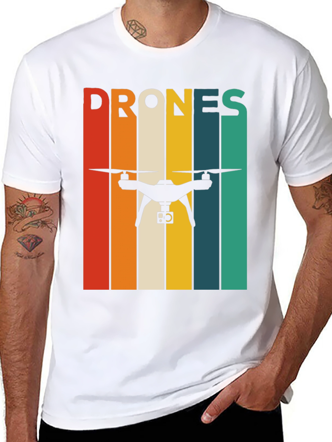 Black Retro Drone T-Shirt - Vintage Stripes Tee view 8