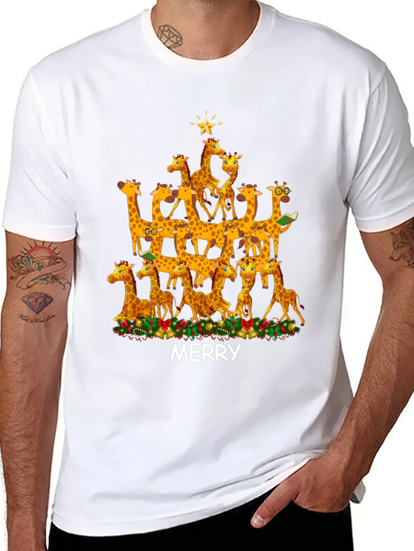 Black Merry Giraffe Christmas Tree T-Shirt view 8