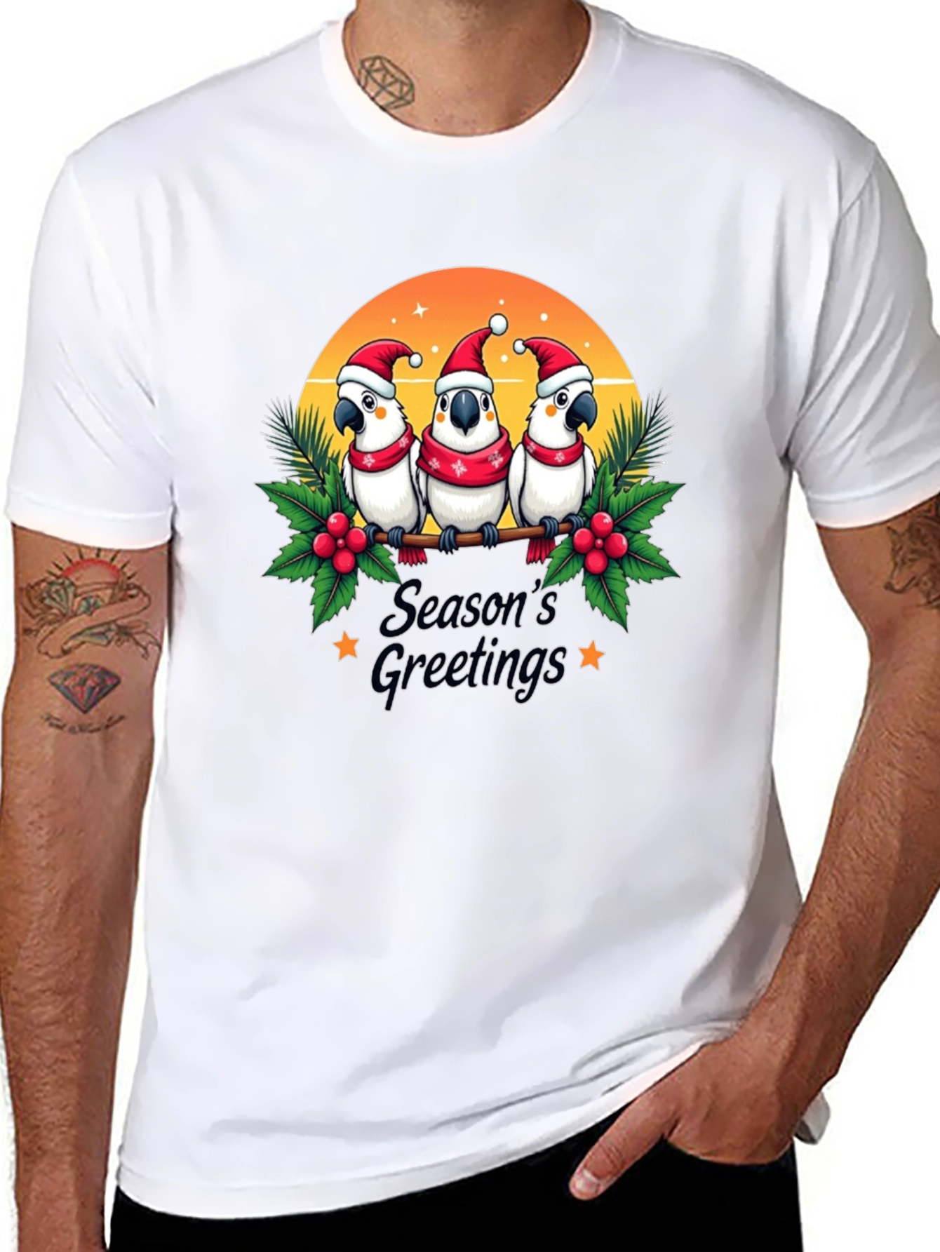 Black Festive Holiday Parrots T-Shirt view 8