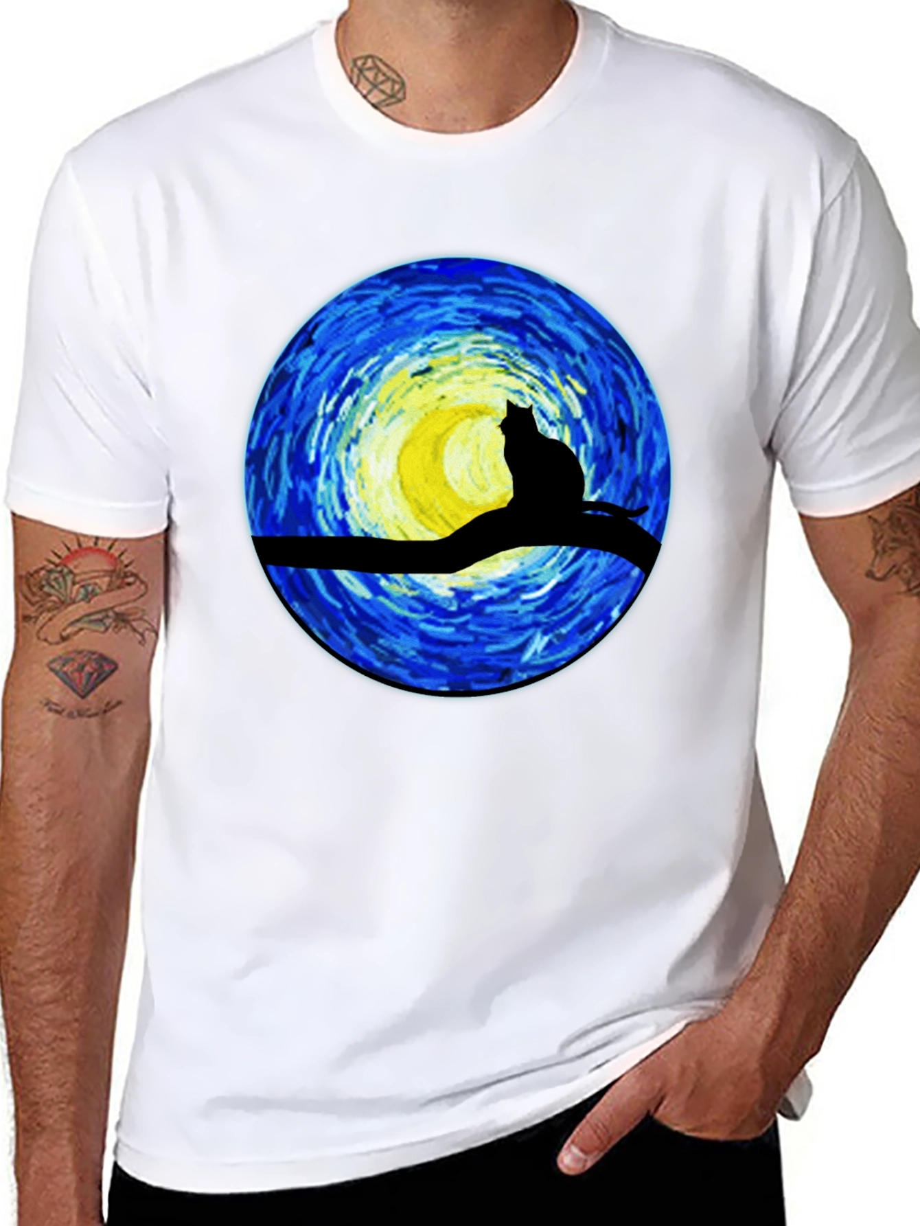 Black Starry Night Cat T-Shirt - Artistic Graphic Tee view 8