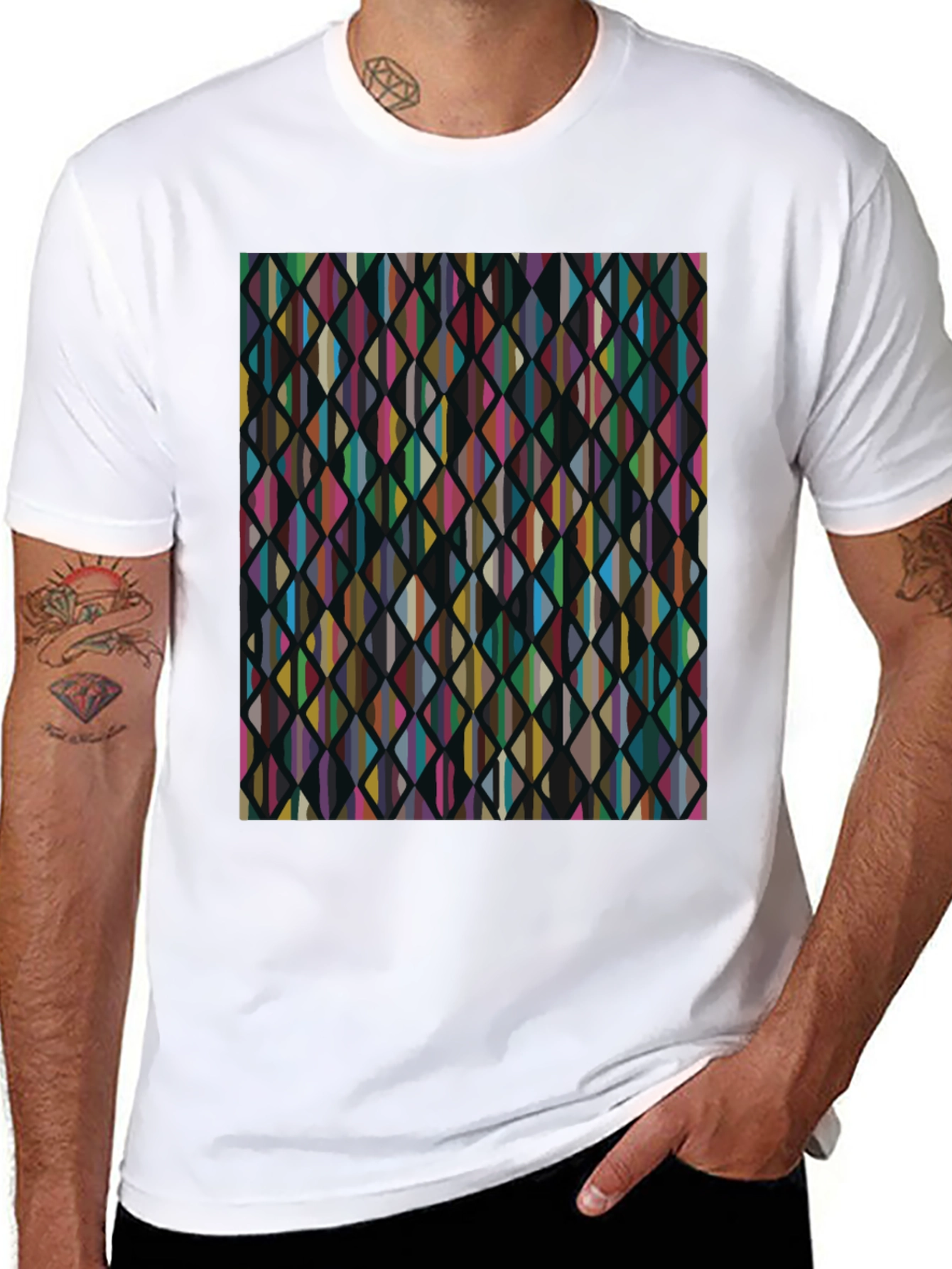 Black Abstract Geometric Rhombus Pattern Black T-Shirt view 8